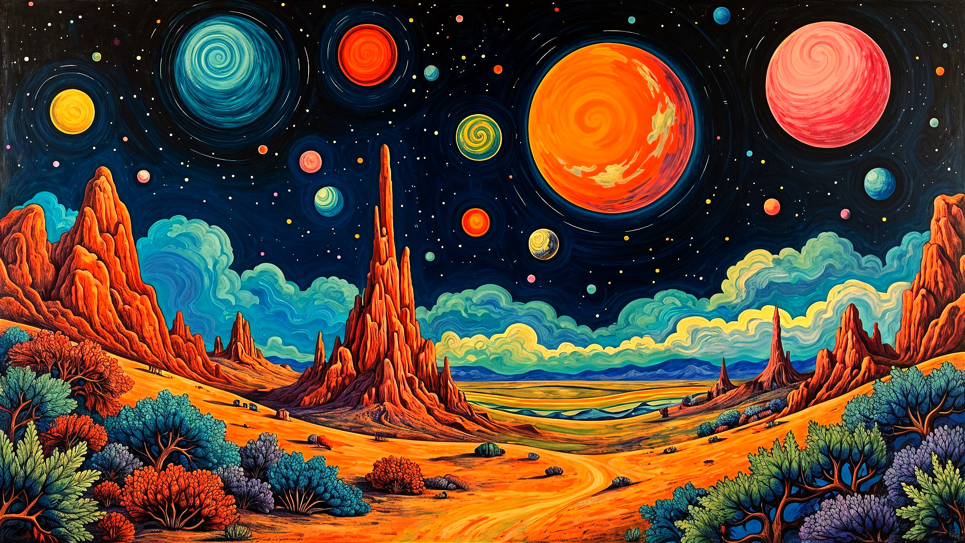 Surreal Landscape with Towering Rocks and Starry Sky