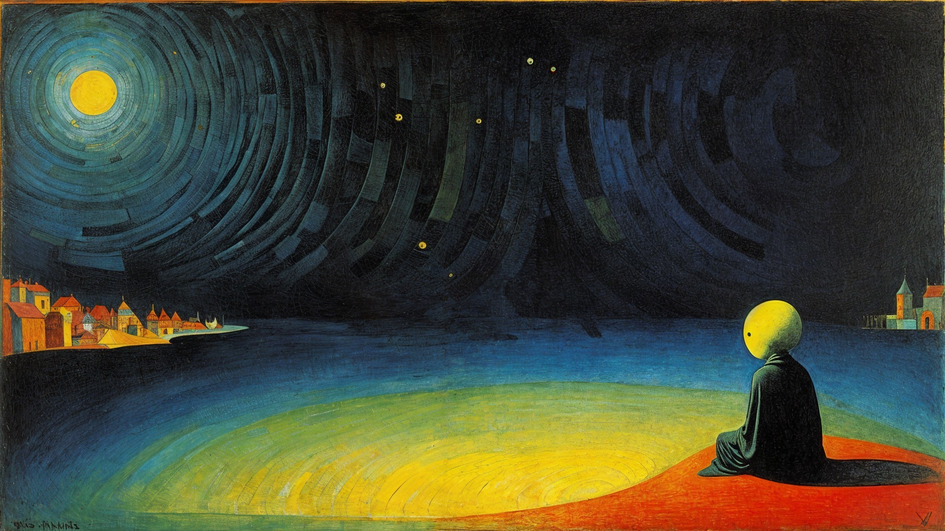 Solitary Figure by Shimmering Yellow Shoreline