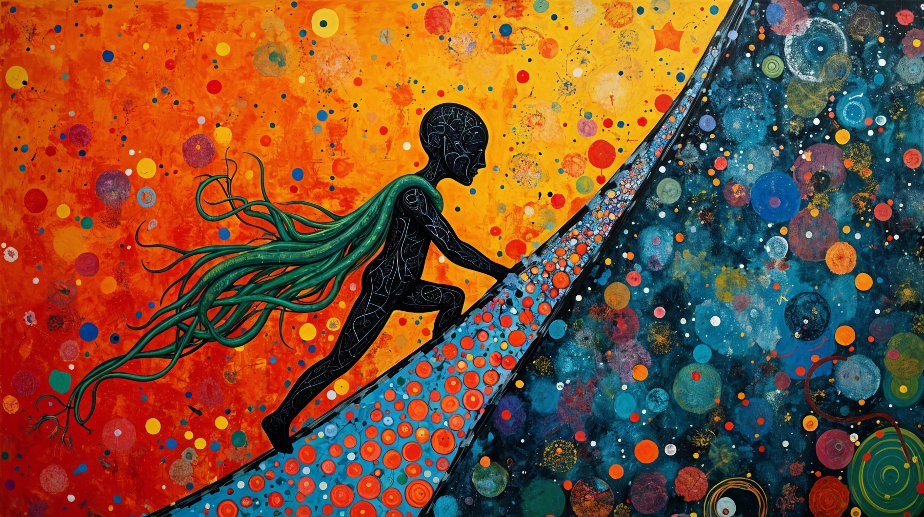 Vibrant Mural of Climber on Colorful Hill with Patterns