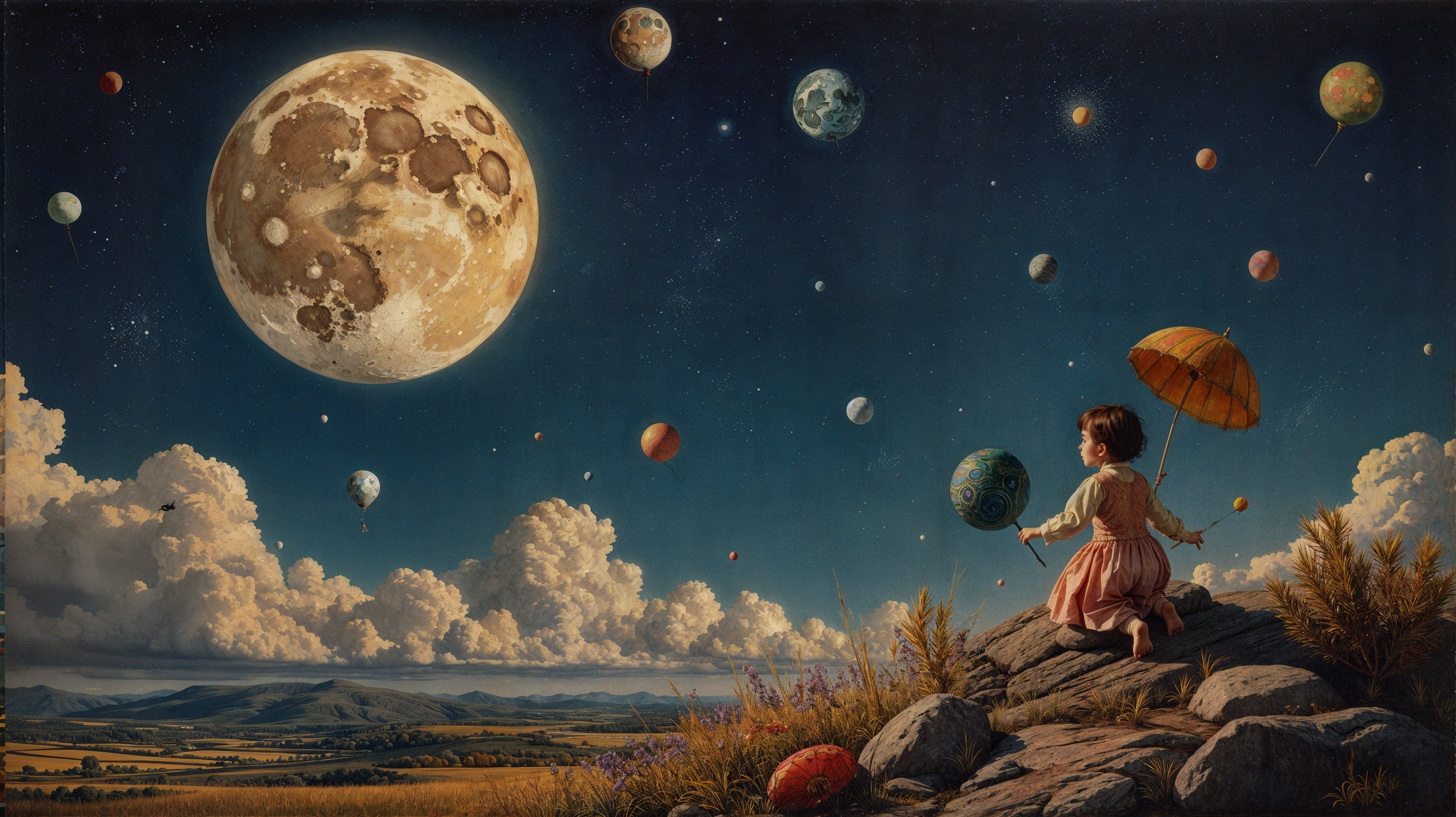 Whimsical Scene of Girl with Umbrella and Full Moon