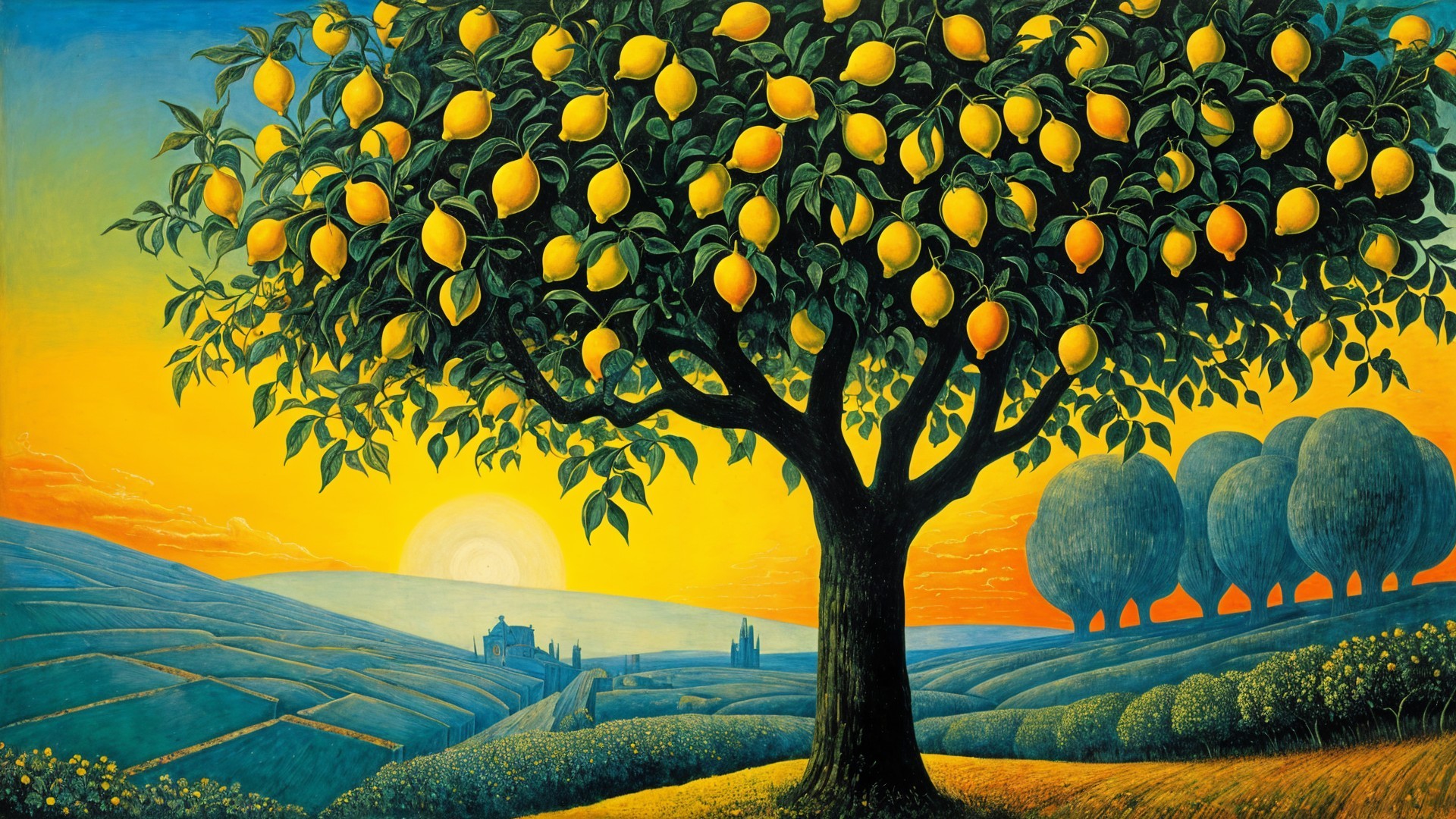 Vibrant landscape with lemon tree at sunset