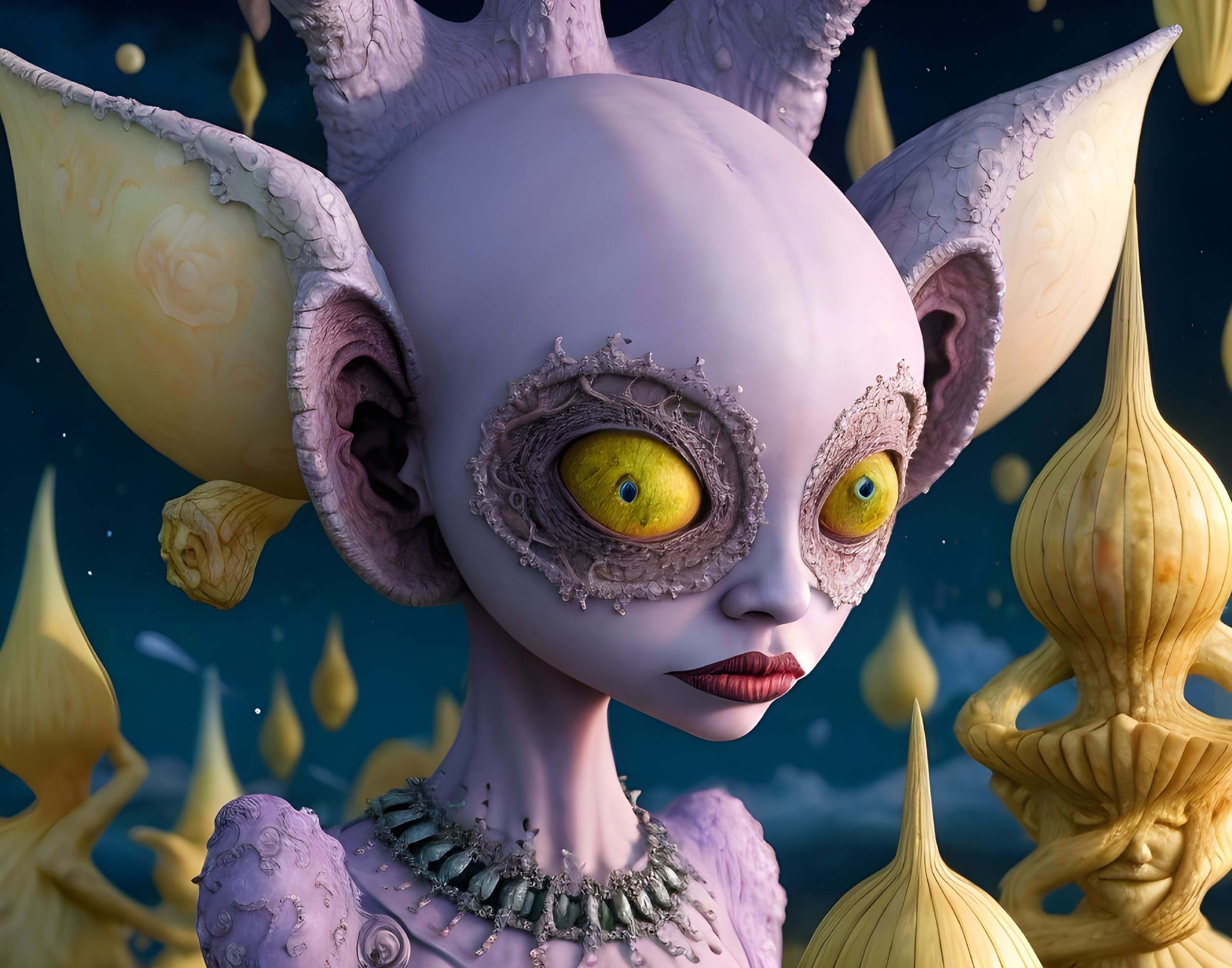 Surreal Alien Figure with Yellow Eyes in Dreamlike Scene