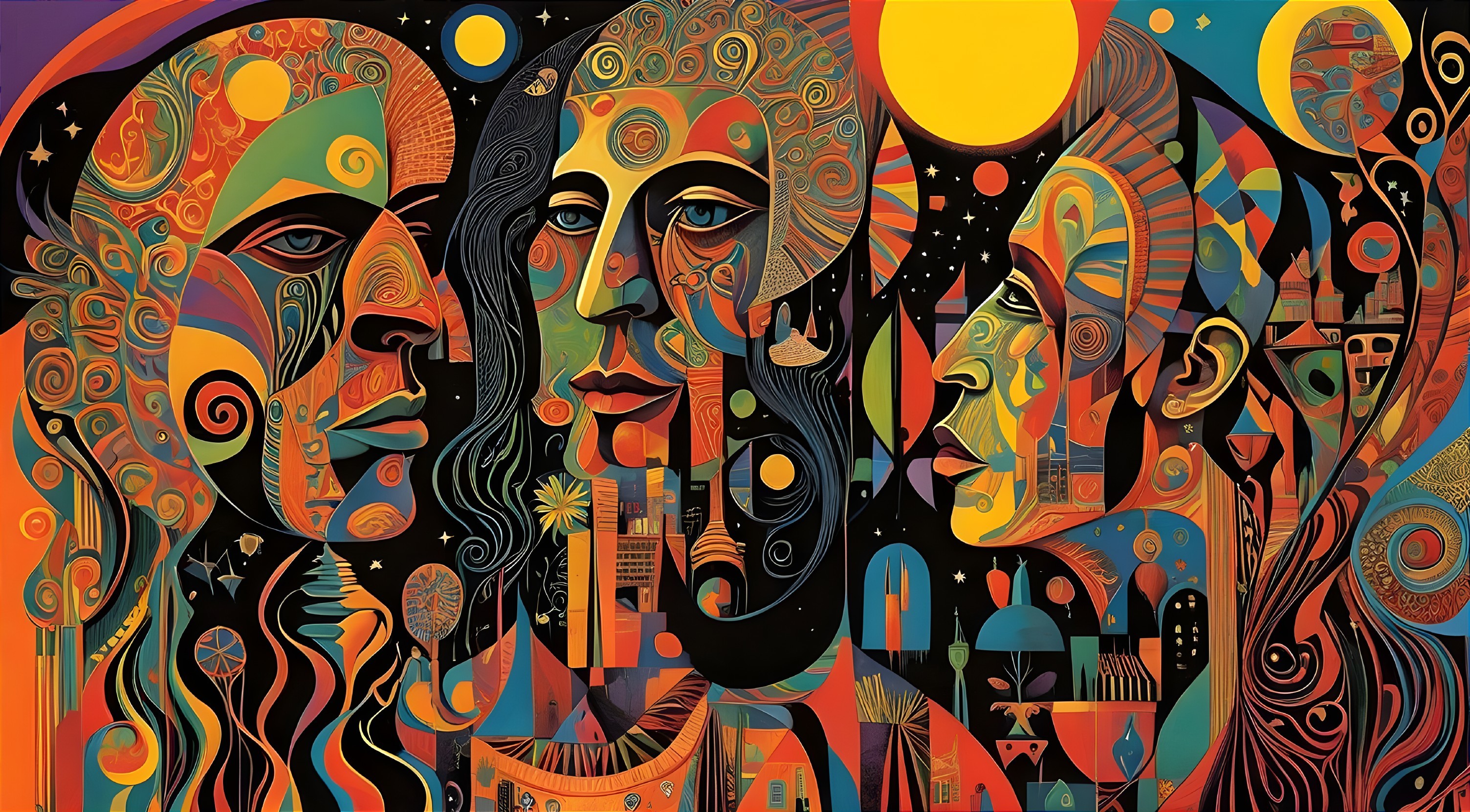 Vibrant Abstract Composition with Intertwined Faces