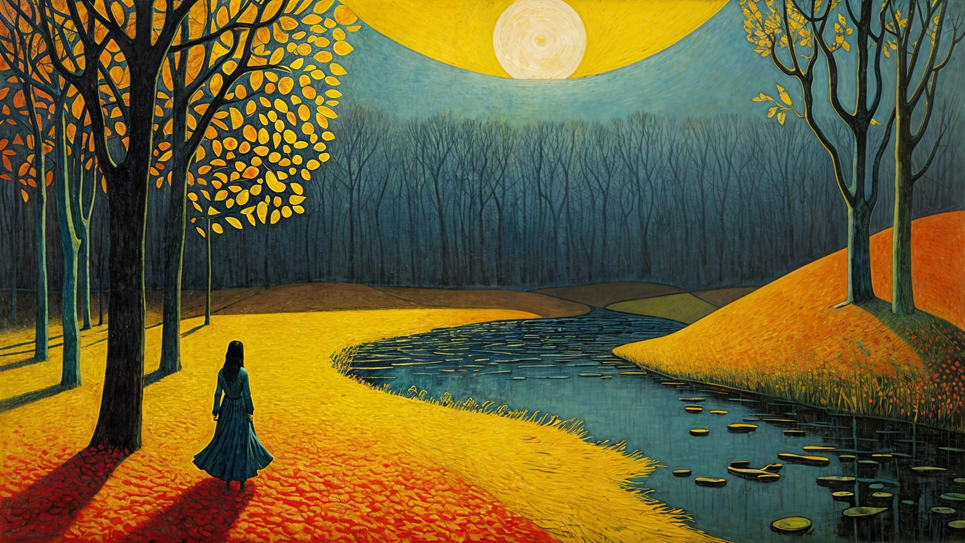 Serene Dusk Landscape with Woman by Riverbank