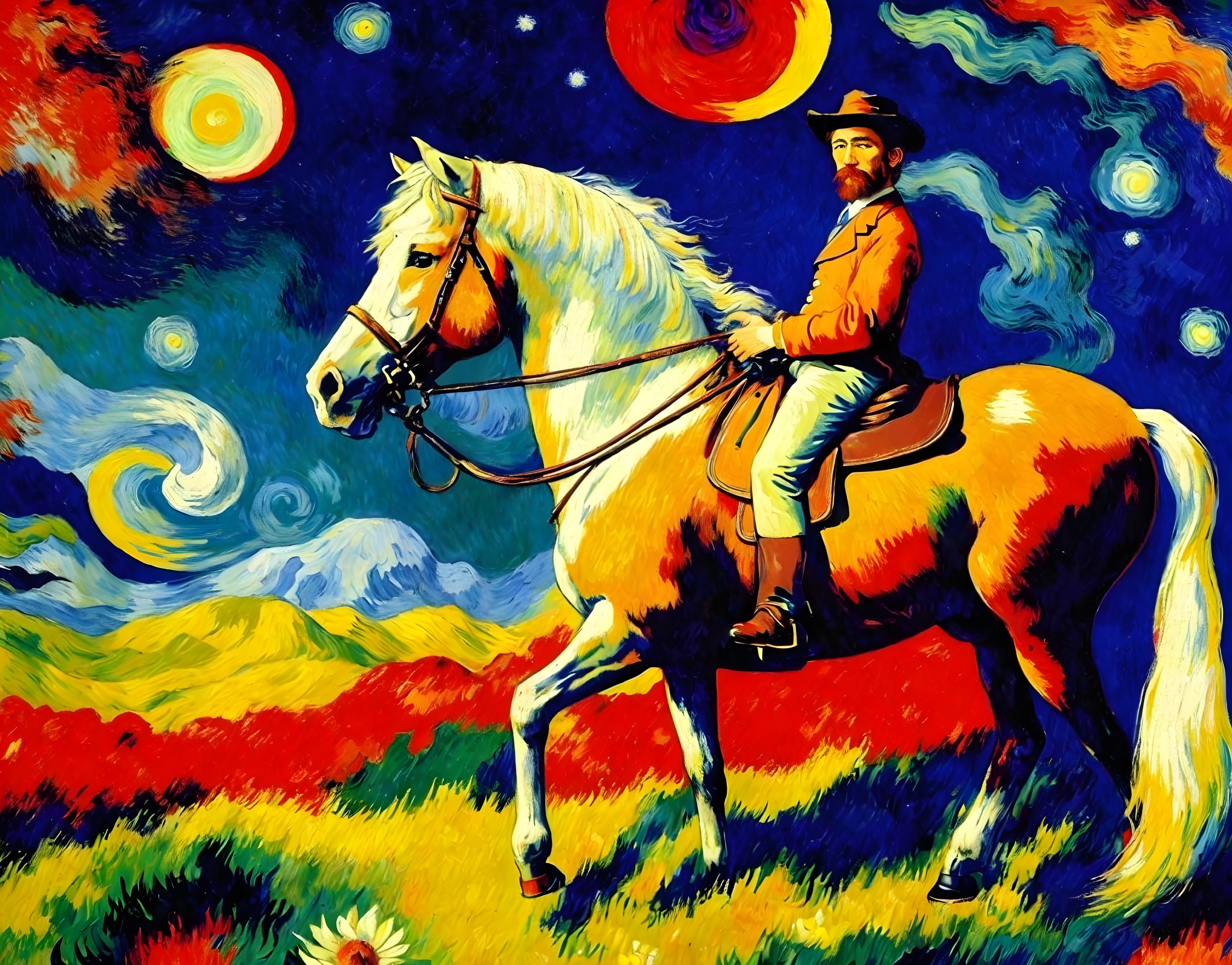 Vibrant Landscape with Man on White Horse and Stars