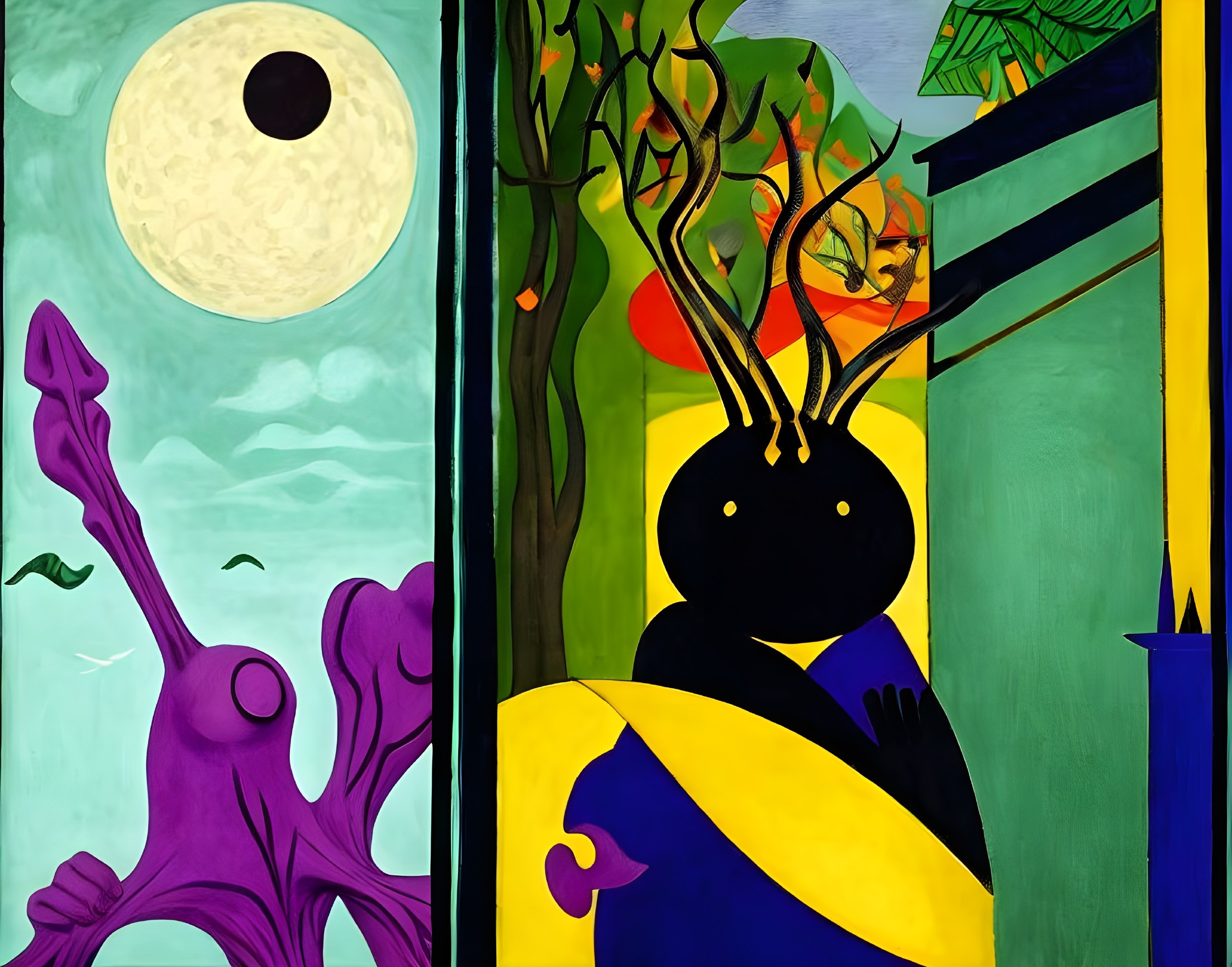 Vibrant Abstract Composition with Surreal Elements