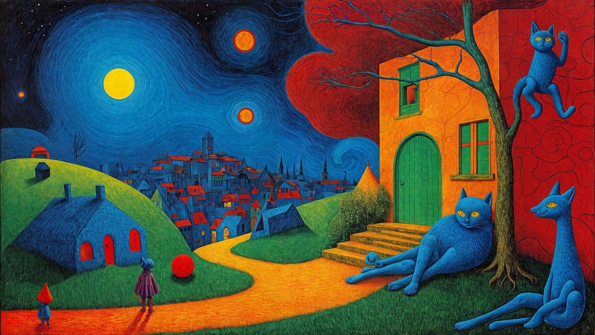 Whimsical Village Under Vibrant Night Sky