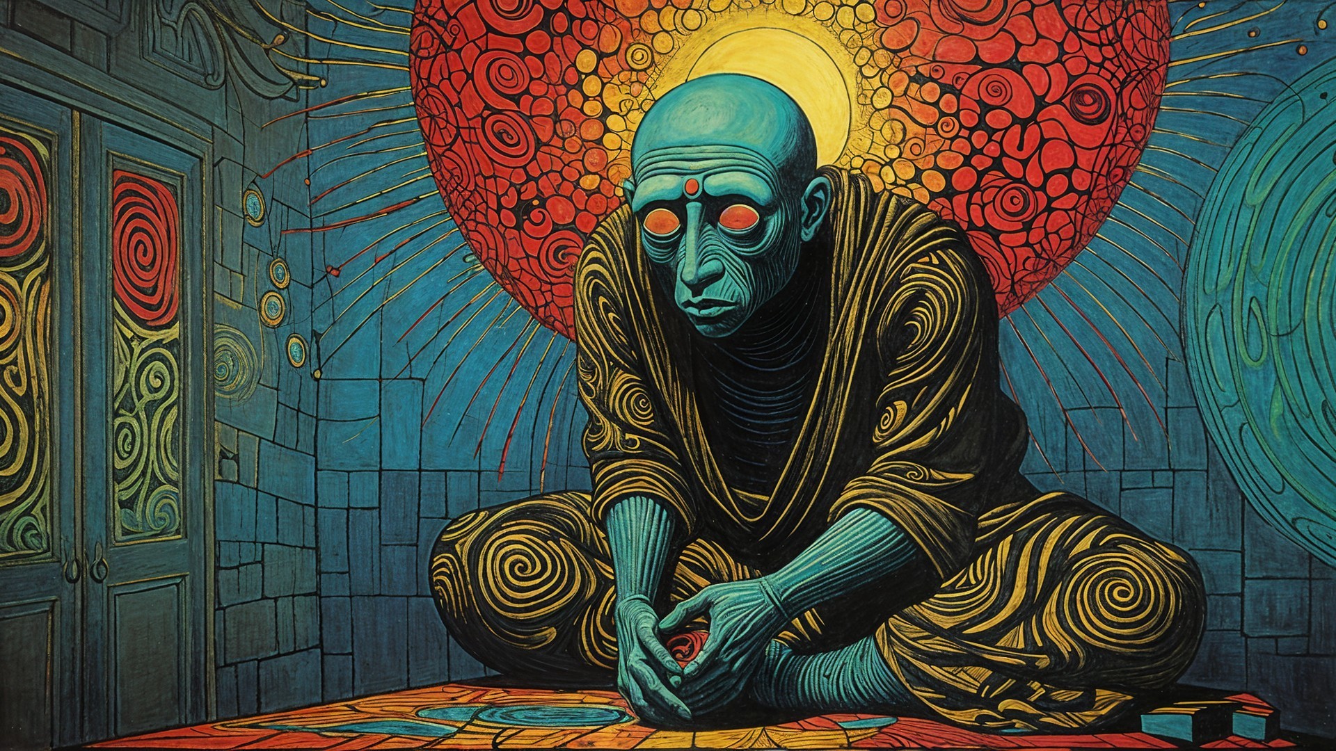 Meditative Figure Surrounded by Vibrant Colors and Symbols