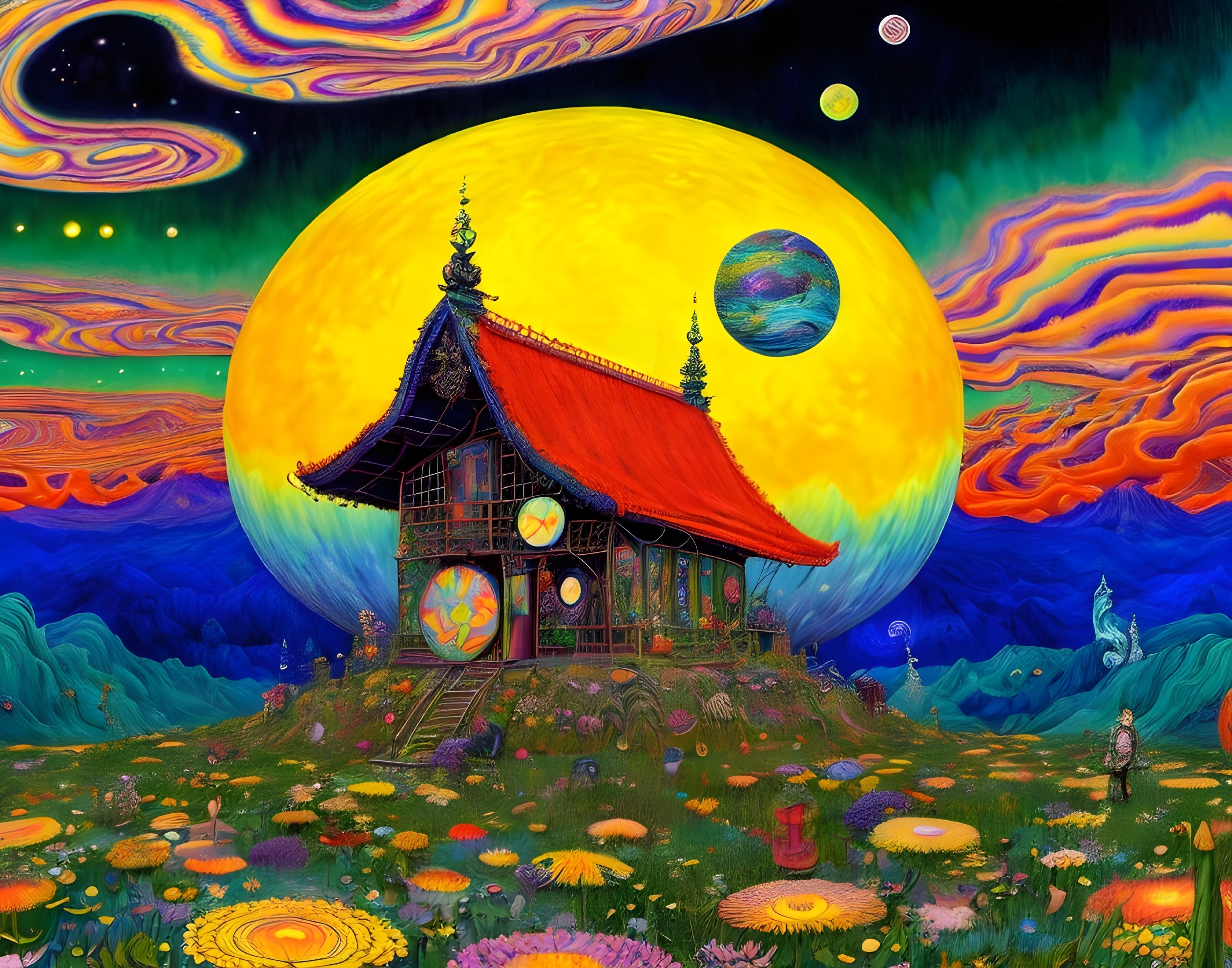 Surreal Landscape with Whimsical House and Celestial Body