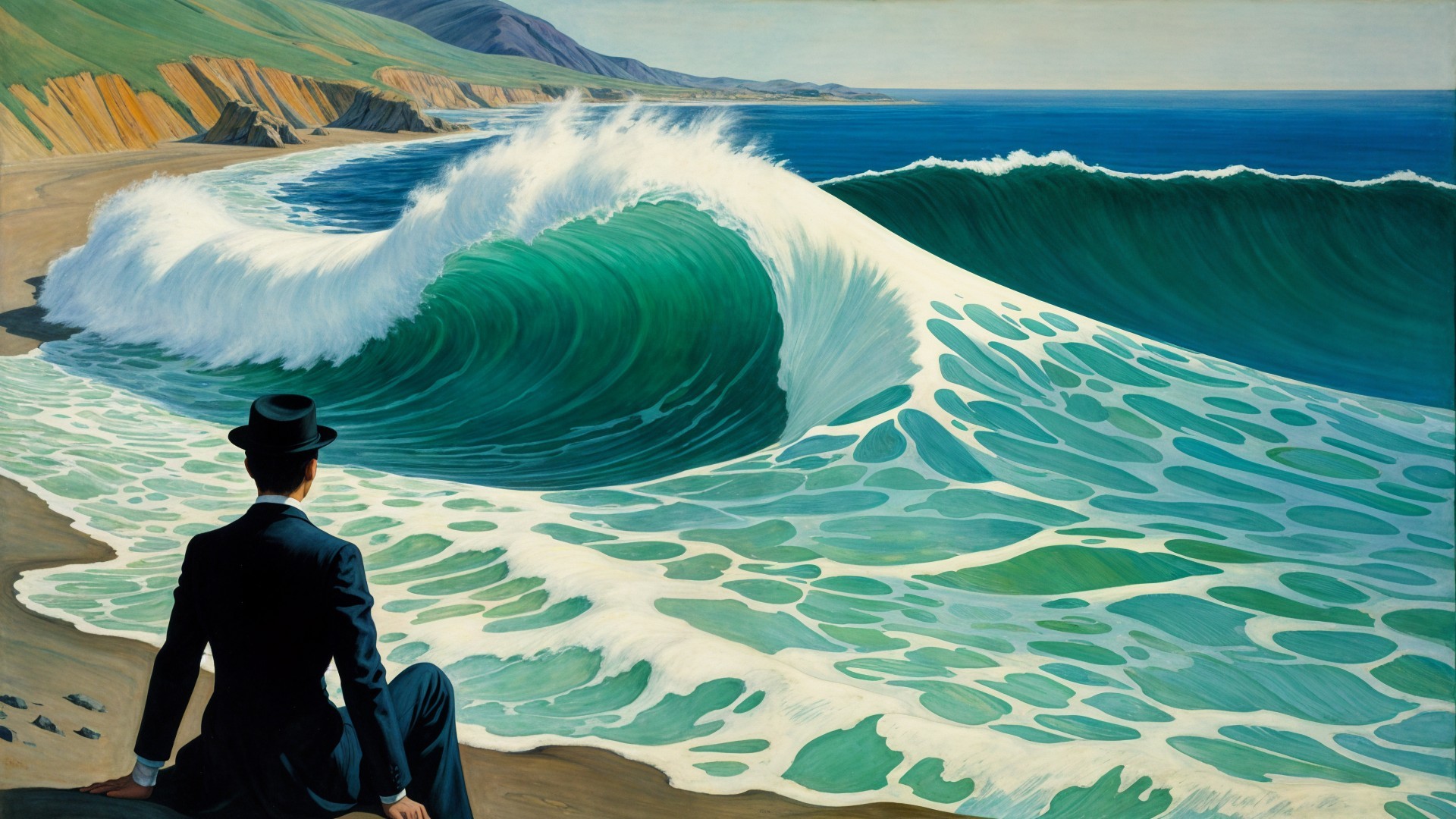 Man in Suit Observes Turquoise Wave at Coastline