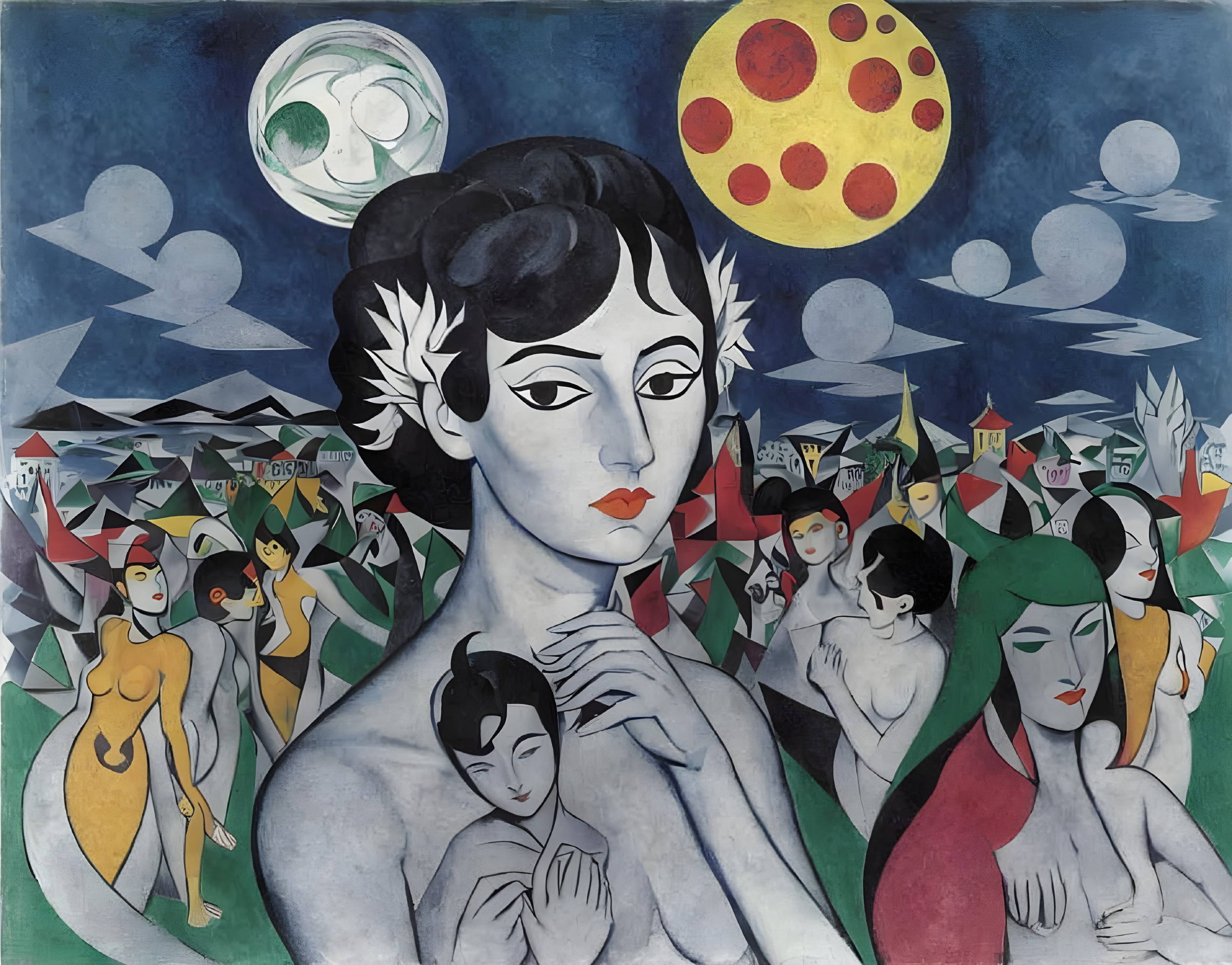 Woman in introspective pose amidst colorful landscapes