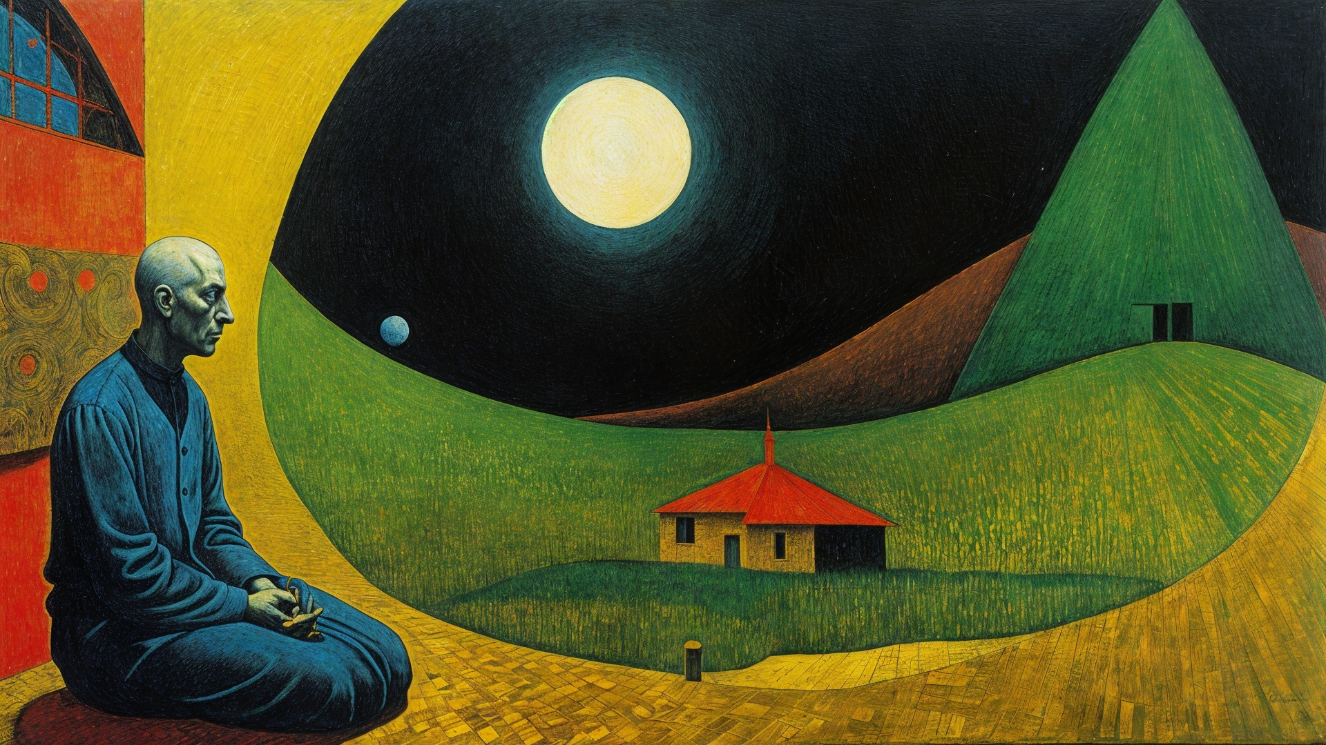 Meditative Figure in Abstract Landscape with Moon