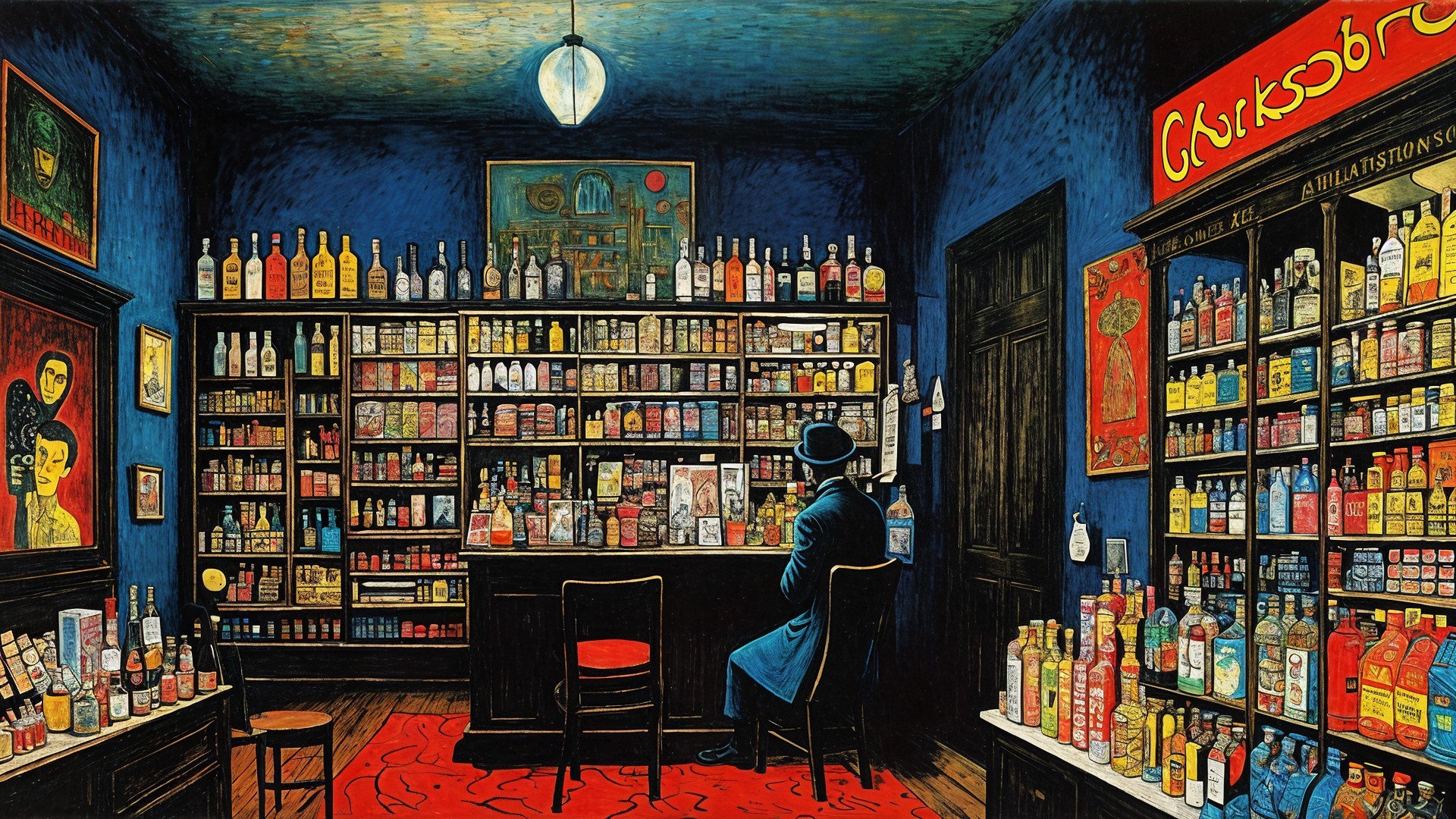 Dimly Lit Vibrant Liquor Store with Colorful Bottles