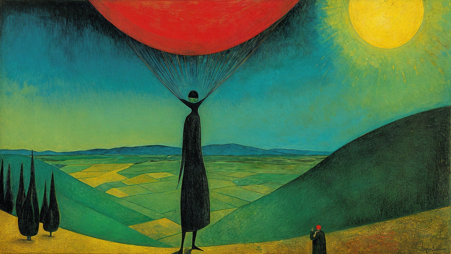 Surreal Landscape with Towering Figure and Red Orb