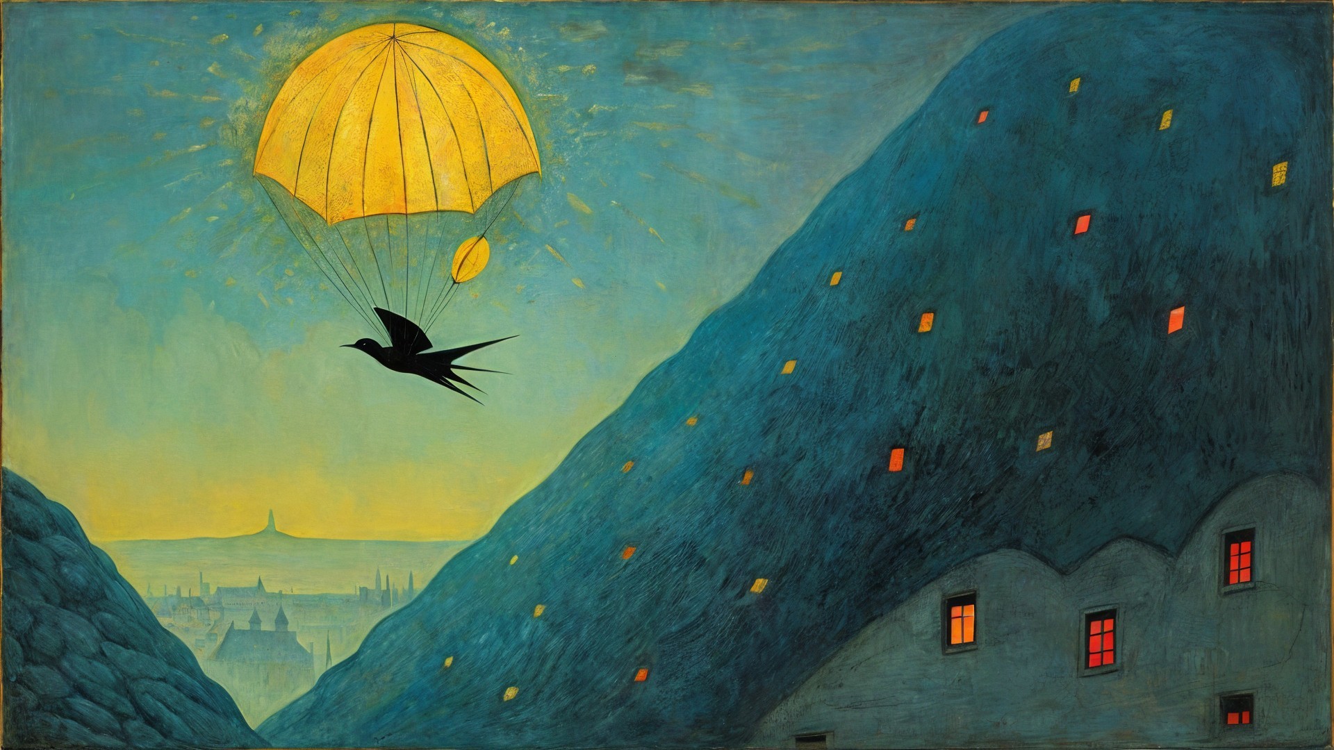 Surreal Landscape with Glowing Parachute and Skyline