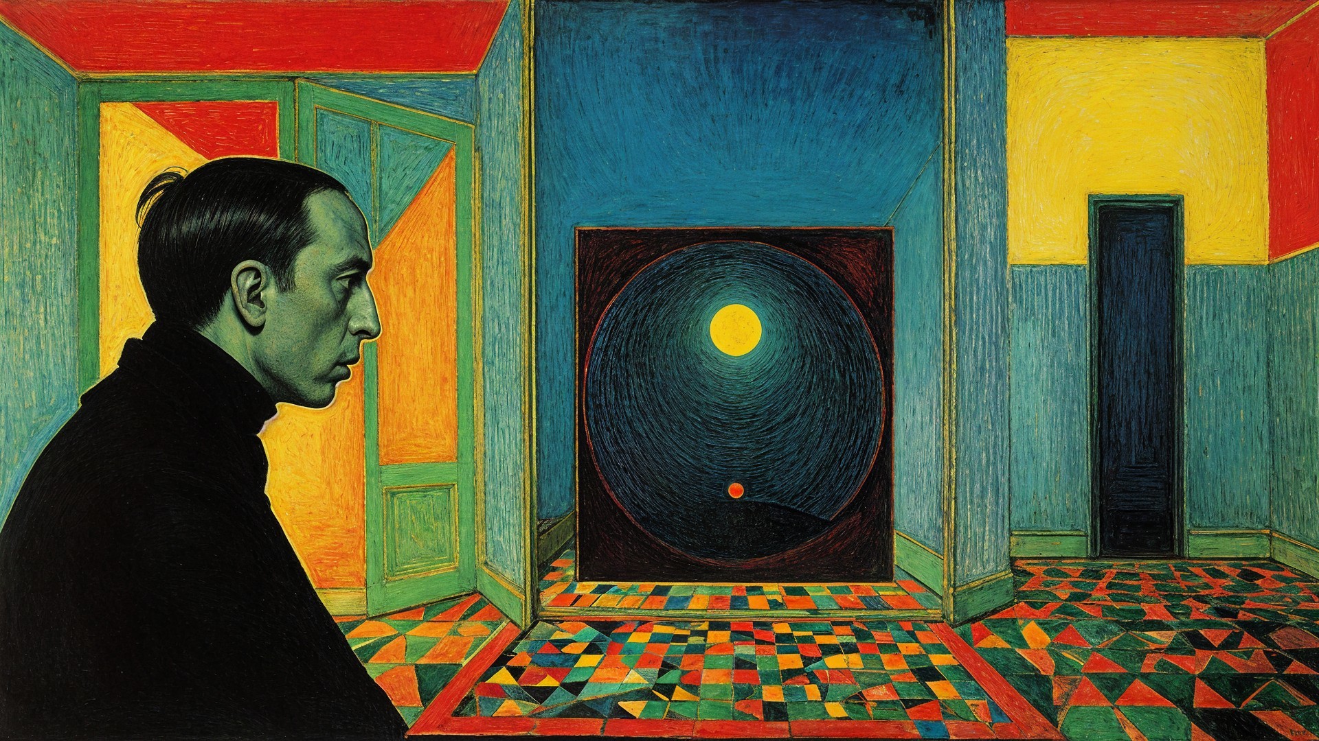 Contemplative Figure Against Abstract Colorful Background