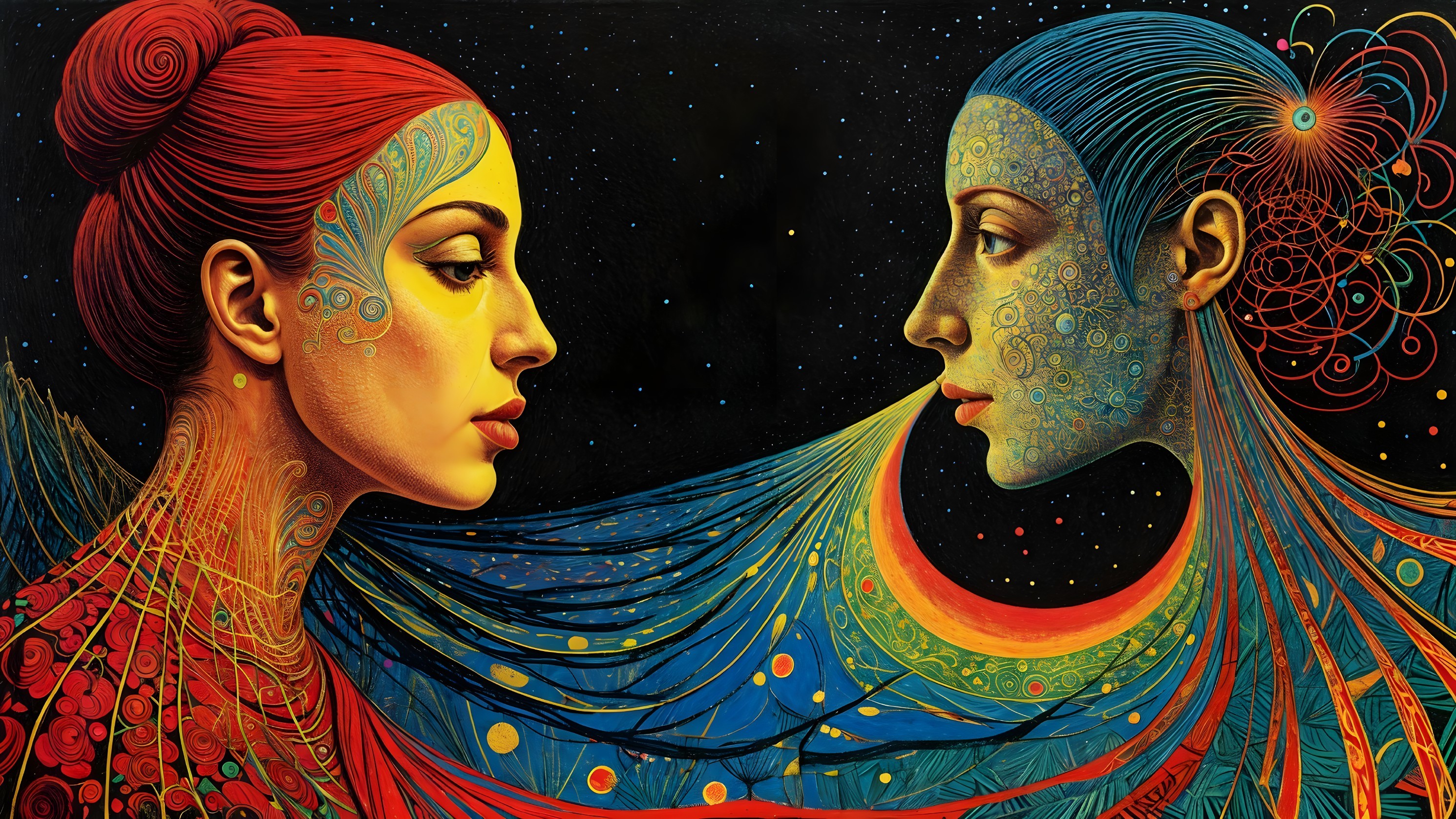 Ethereal Women with Colorful Hair in Cosmic Setting