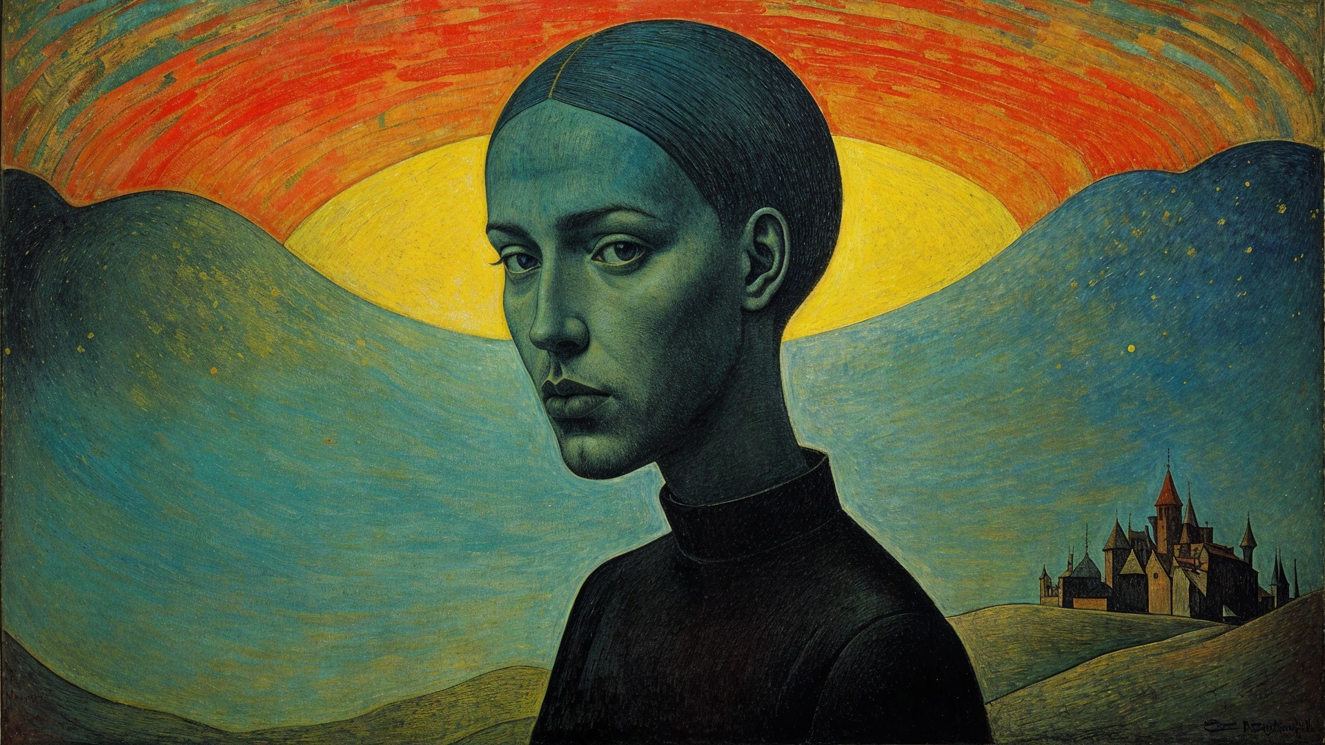 Stylized Portrait of Woman with Sunset Backdrop