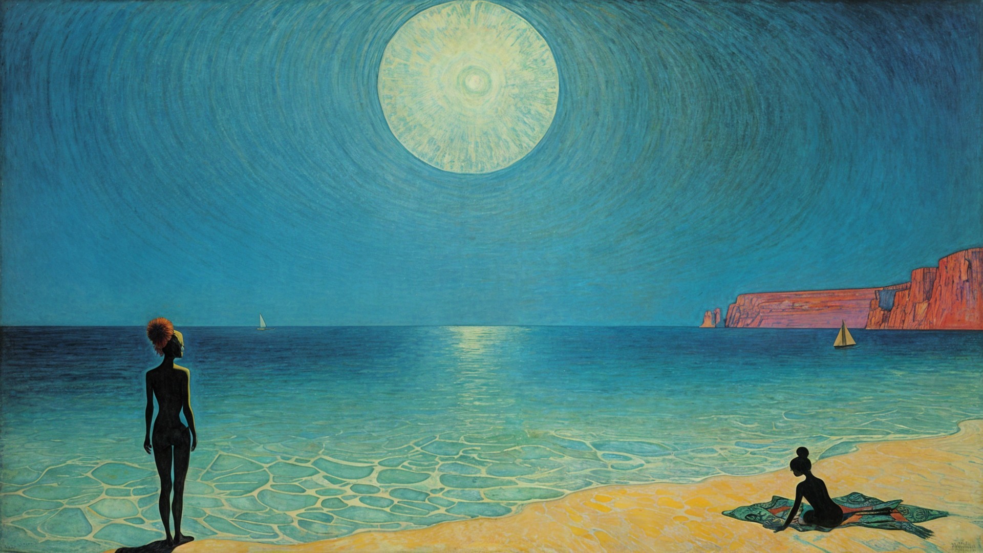 Serene Twilight Seascape with Moonlit Beach Scene