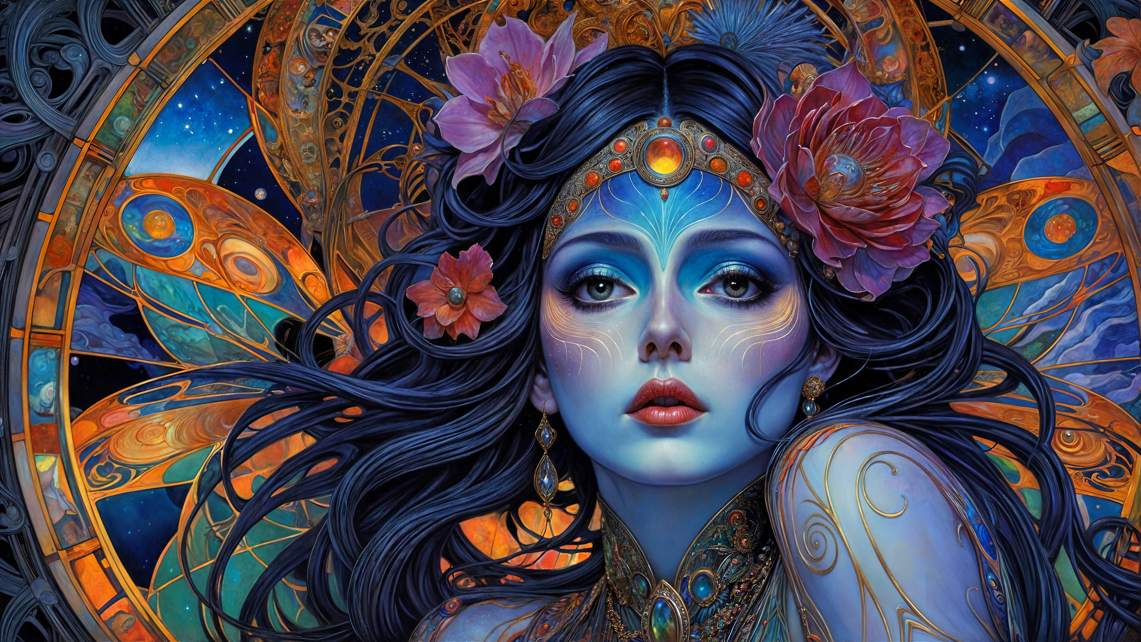 Mystical Woman with Blue Skin and Floral Adornments