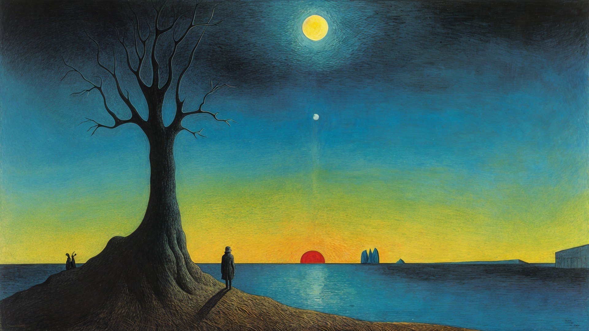 Surreal Twilight Landscape with Celestial Bodies