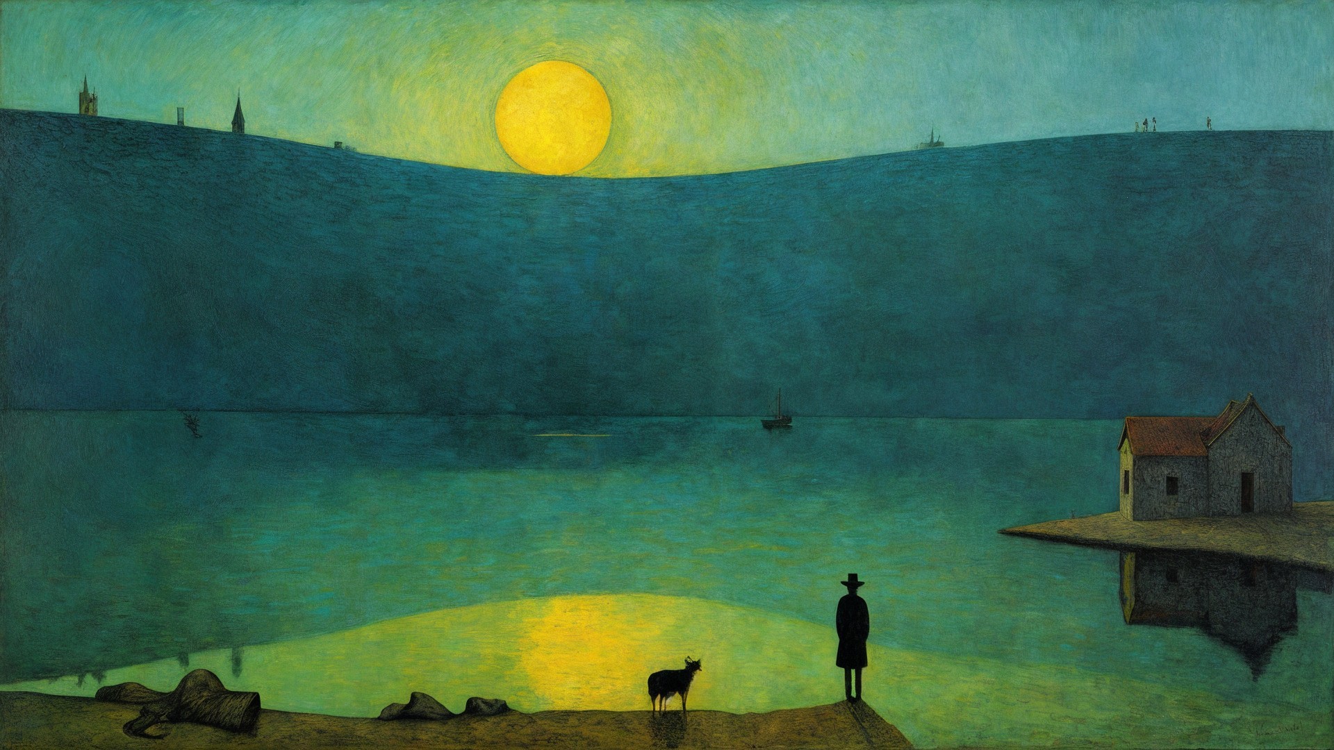 Serene Landscape with Sun, Water, and Silhouetted Figures