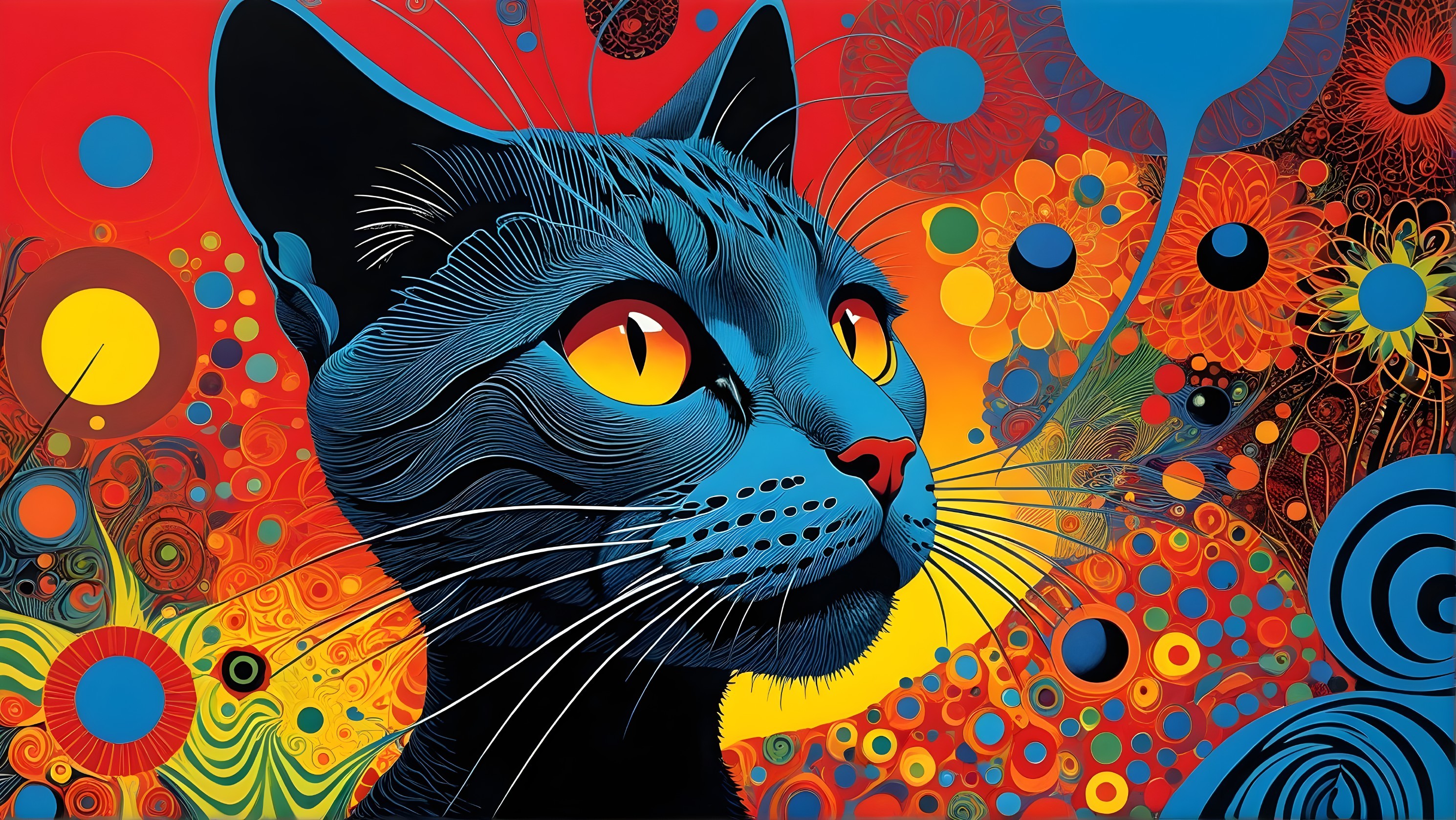 Stylized cat head with blue fur and orange eyes