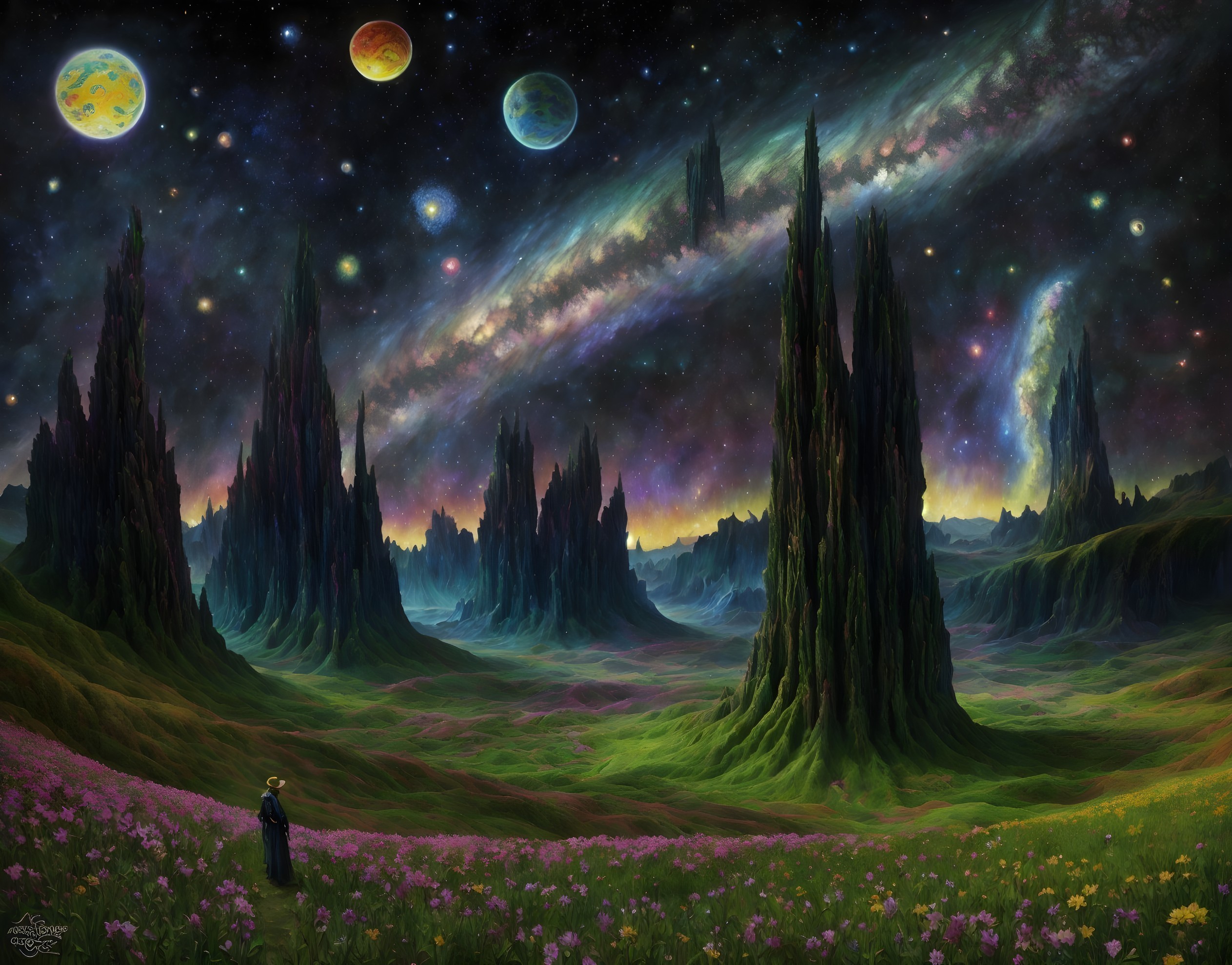 Cosmic Landscape with Green Spires and Starry Sky
