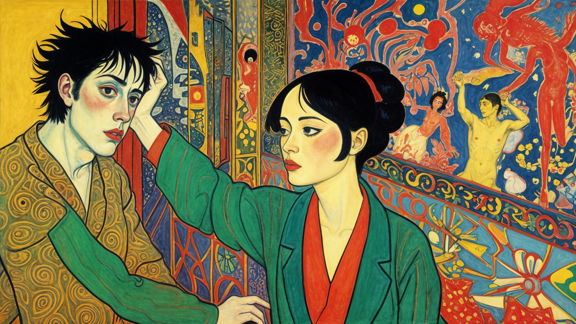 Vibrant Artwork of Two Figures in Dramatic Setting