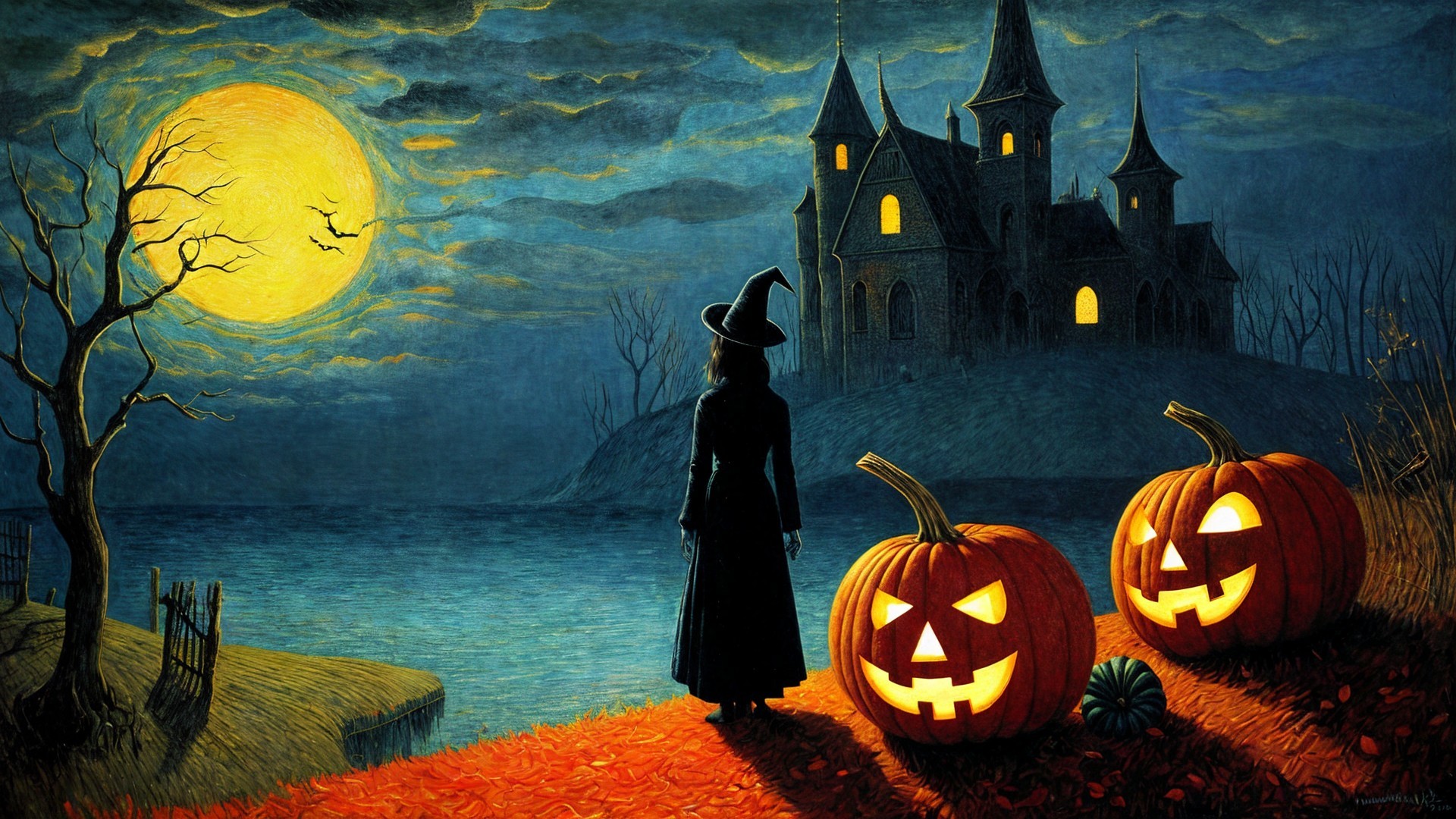 Silhouetted witch on an autumn path with jack-o'-lanterns
