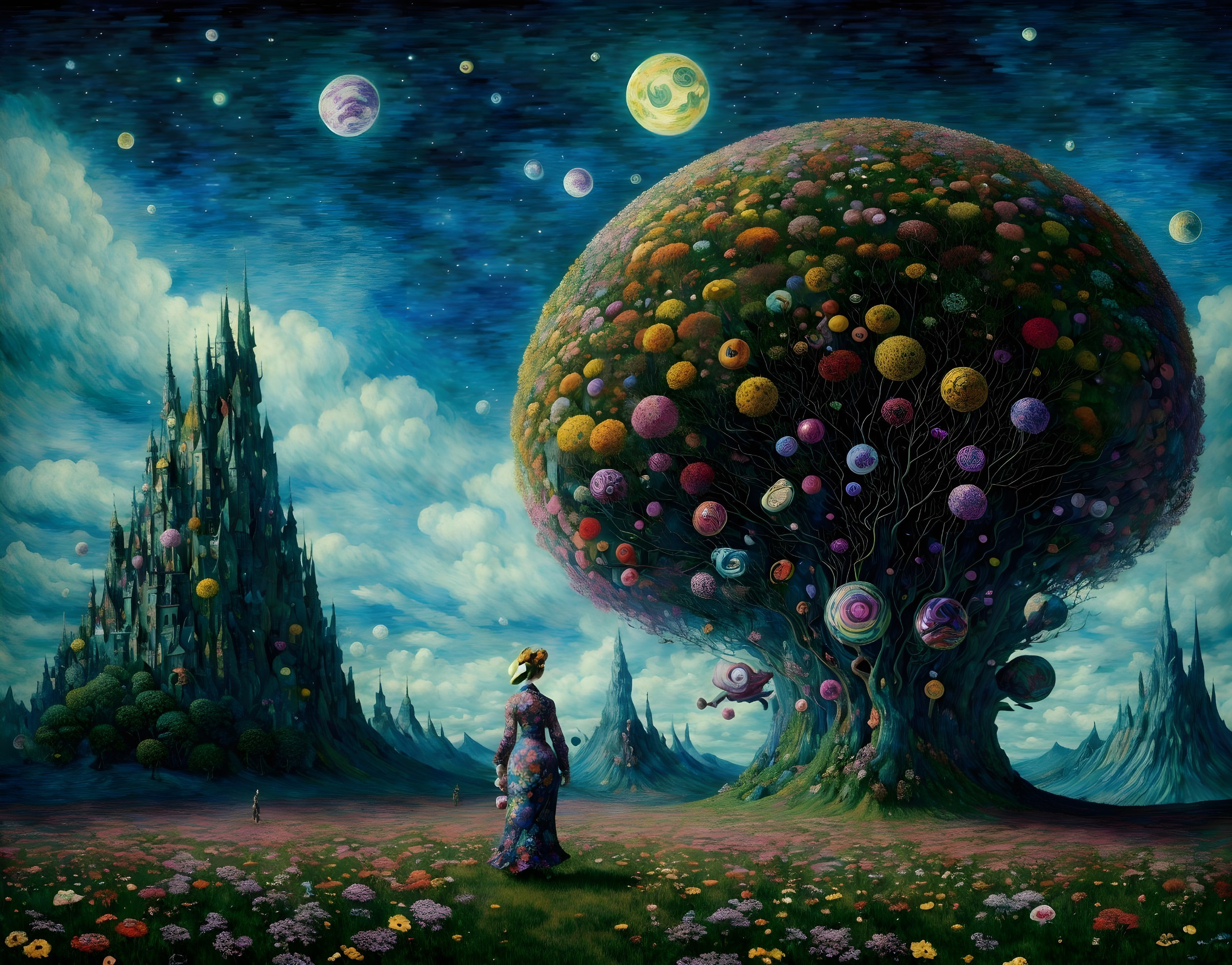Whimsical Landscape with Cosmic Tree and Castle Spires