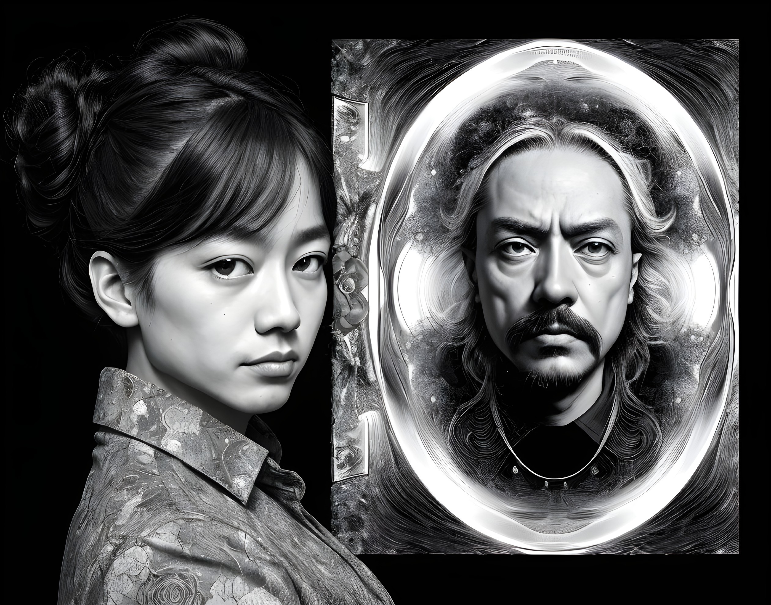 Monochromatic Artwork of Young Woman and Man Portraits