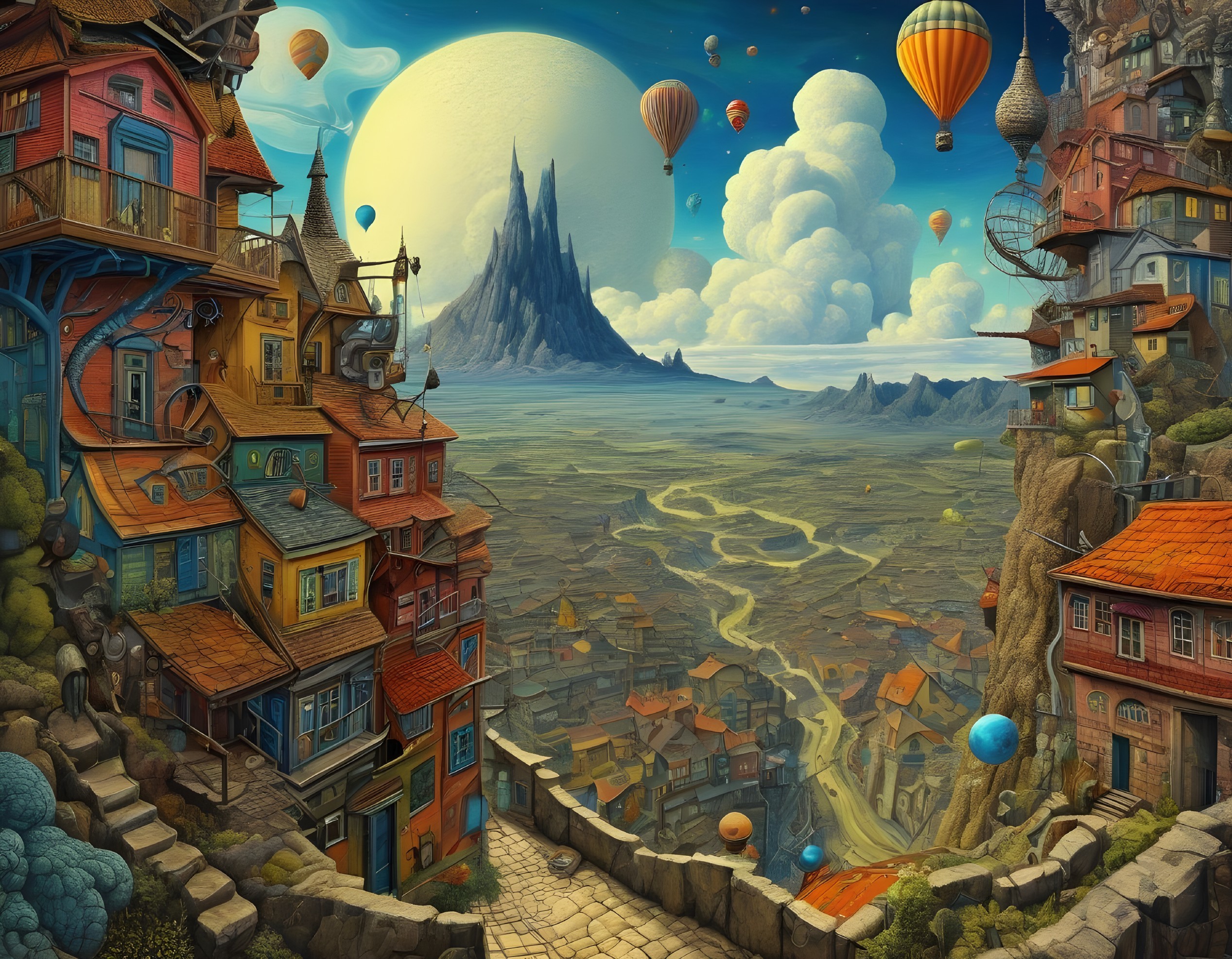 Vibrant Stacked Houses and Towering Rocky Formations