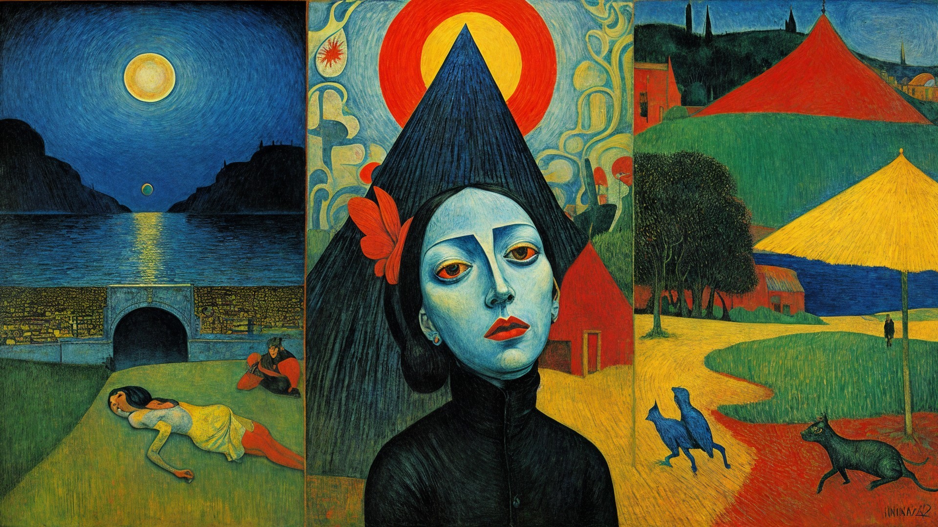 Vivid Triptych Artwork with Diverse Scenes and Styles