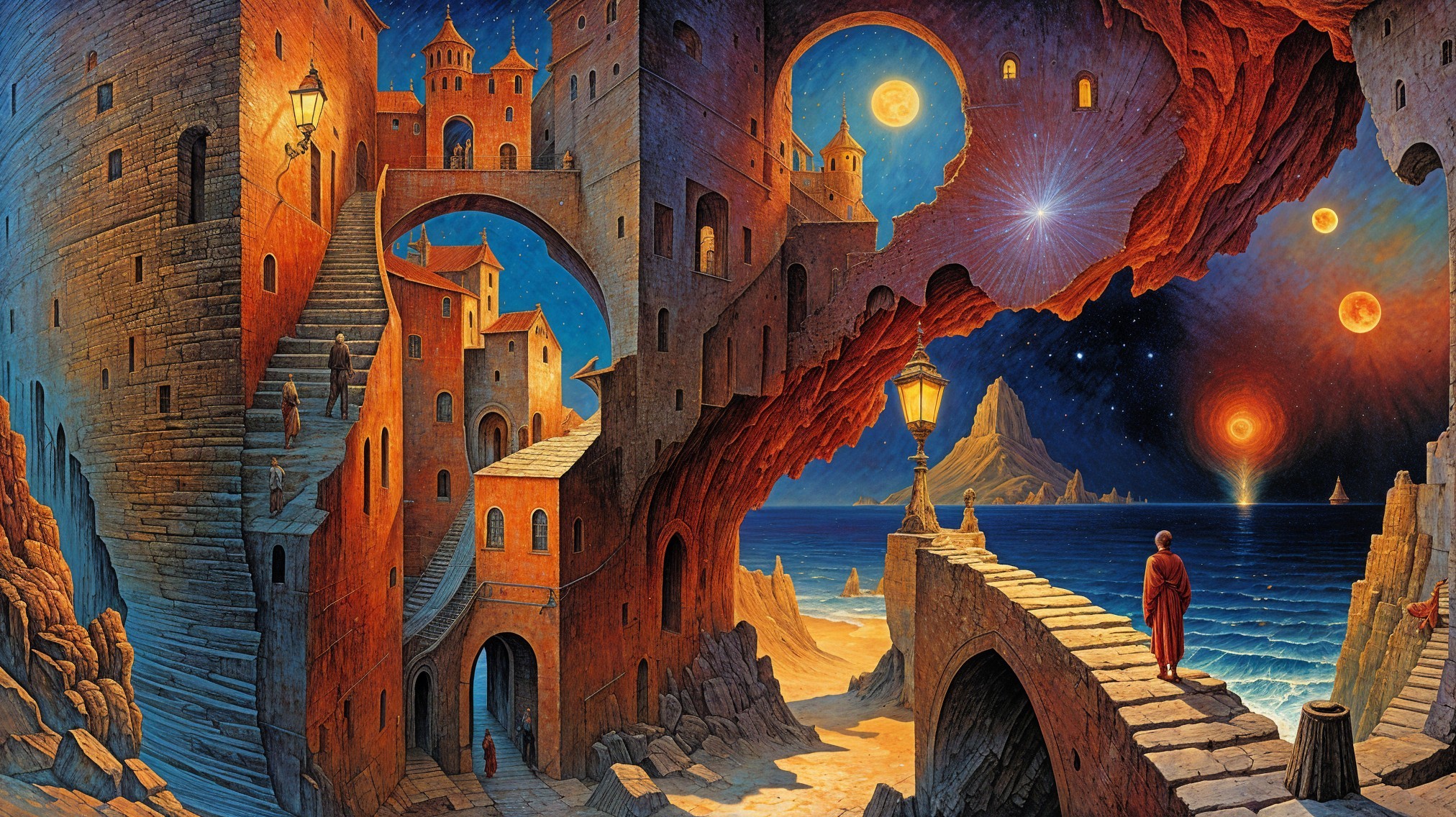 Surreal Cityscape in Rocky Cliffs Under Moons