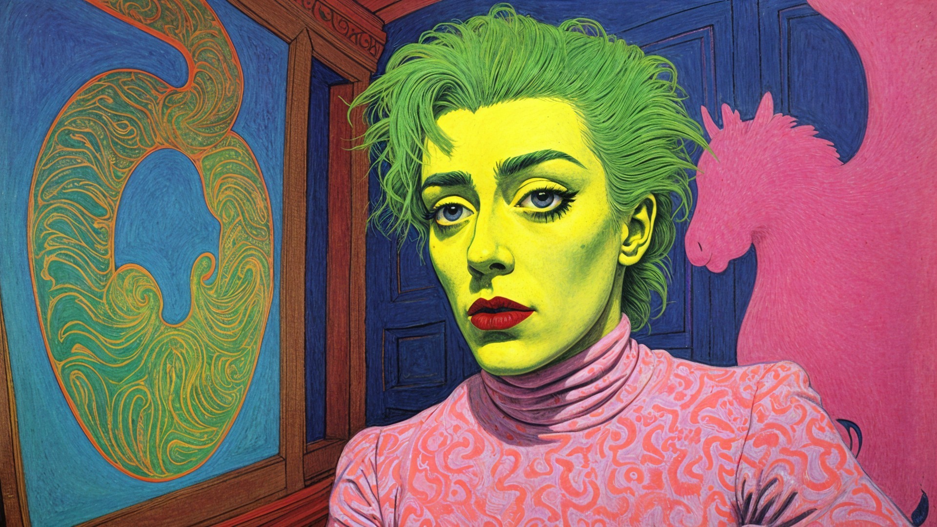 Vibrant Portrait with Green Hair and Yellow Skin