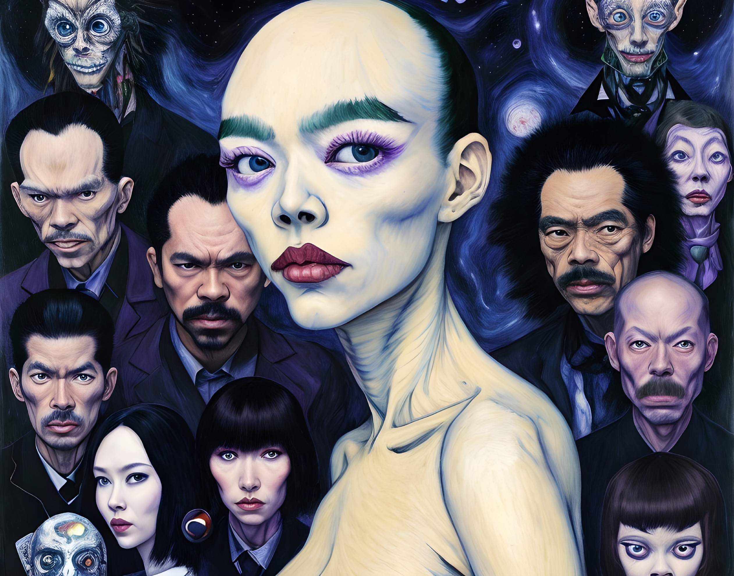Surreal Artwork with Alien Figure and Cosmic Background