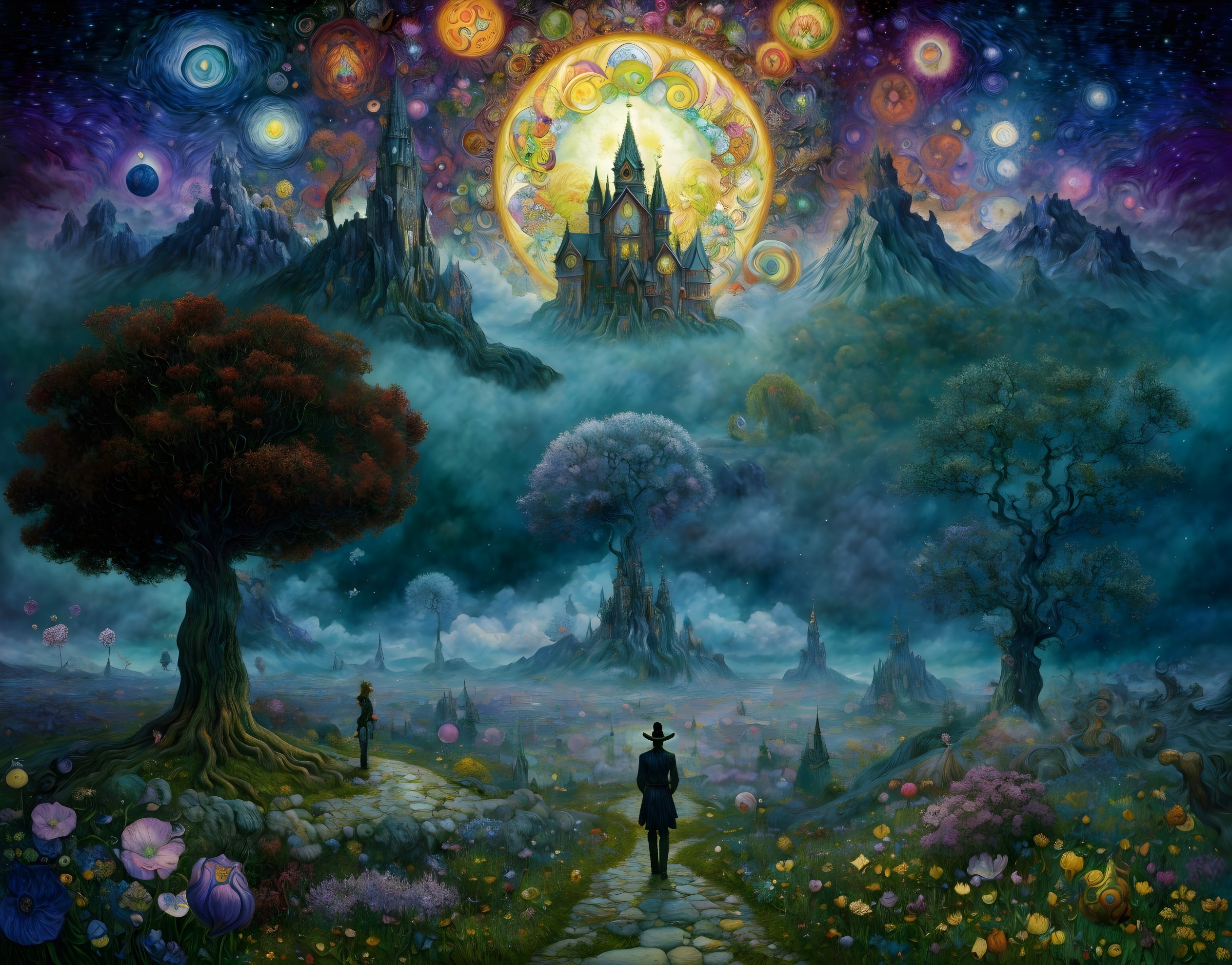 Mystical Landscape with Castle and Starry Sky