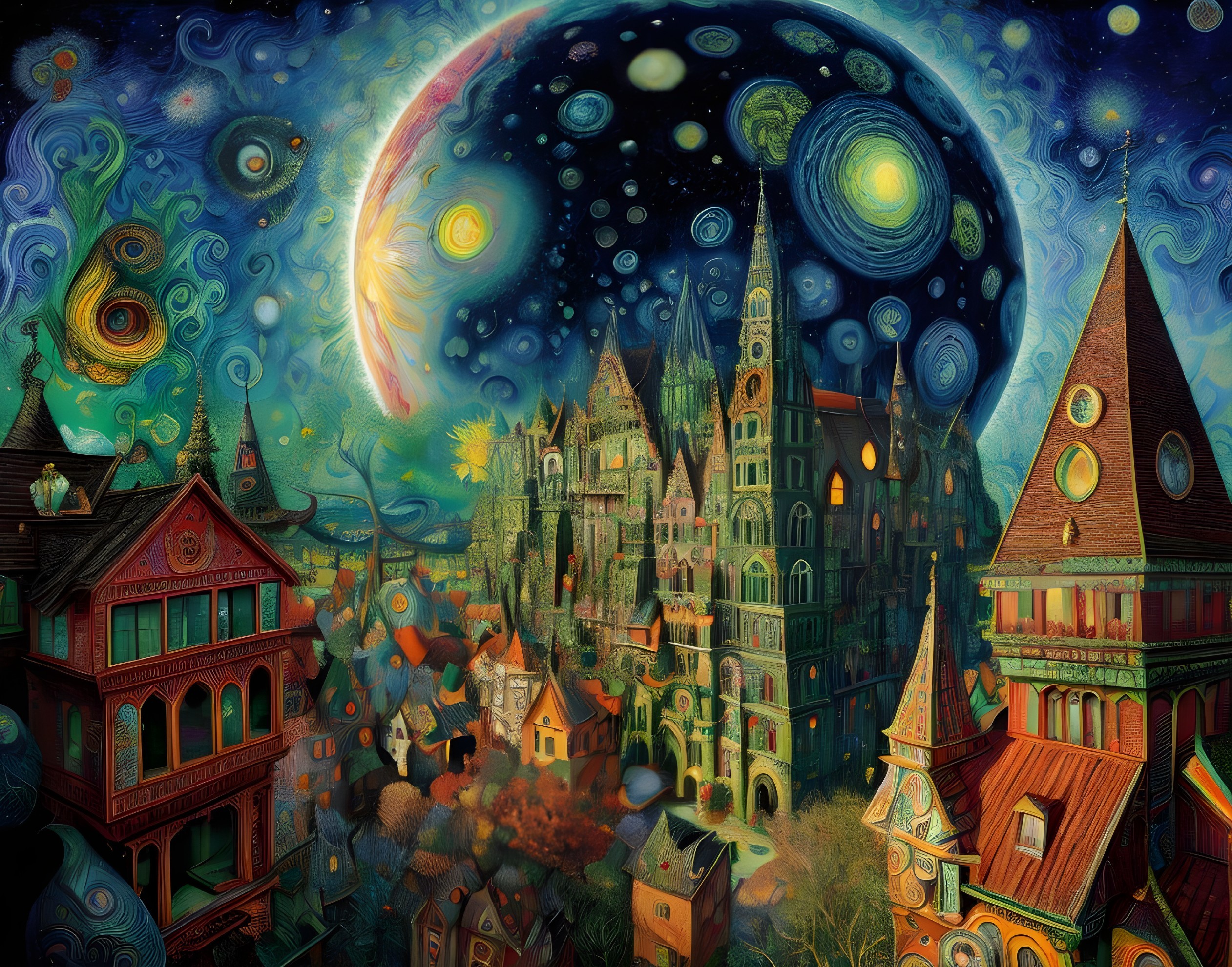 Fantastical Landscape with Starry Sky and Whimsical Architecture