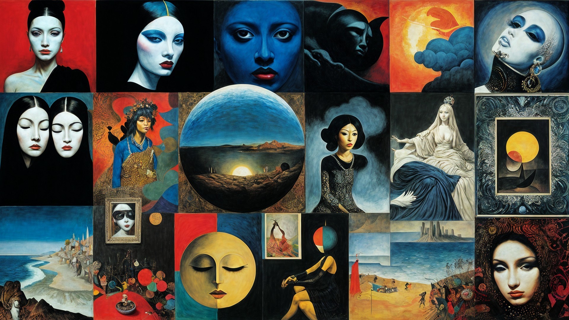 Vibrant Collage of Portraits and Surreal Landscapes