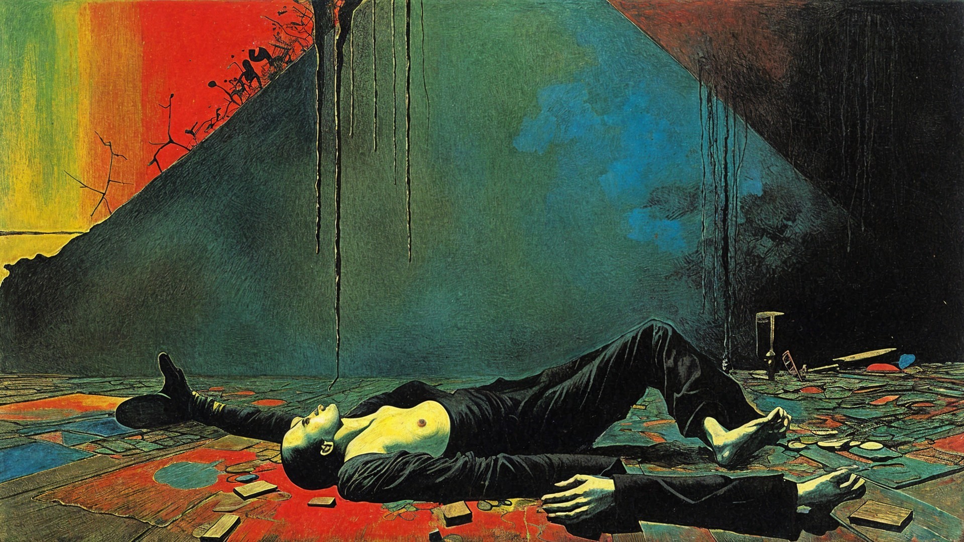 Figure on a Colorful Chaotic Floor in Stillness