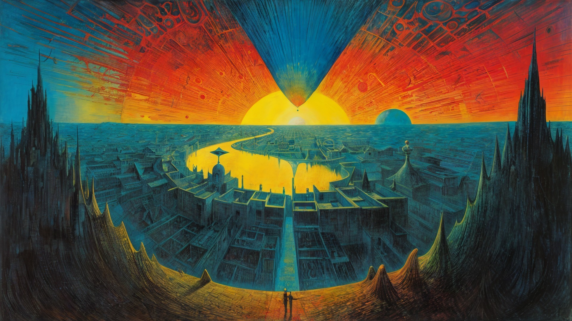 Futuristic cityscape with vibrant sunset colors