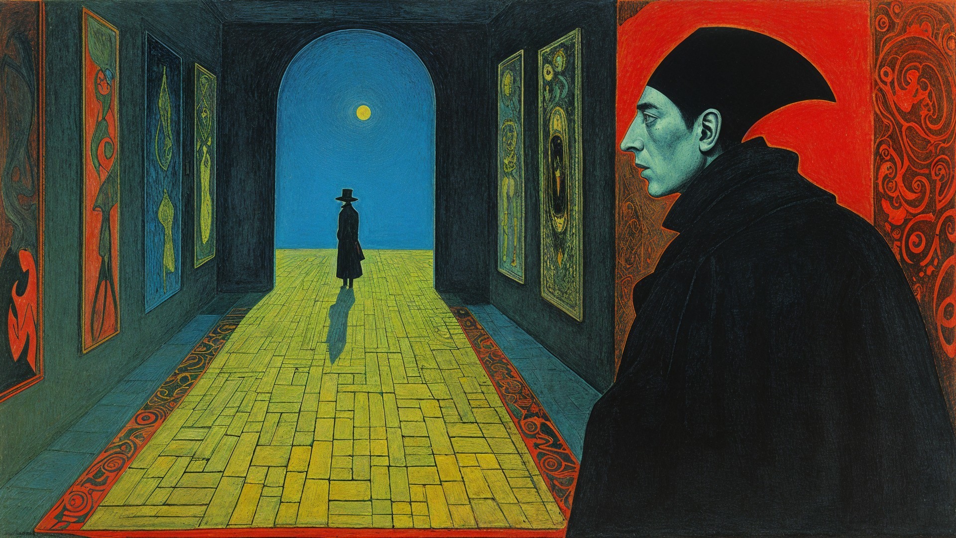 Surreal Corridor with Figures and Abstract Art