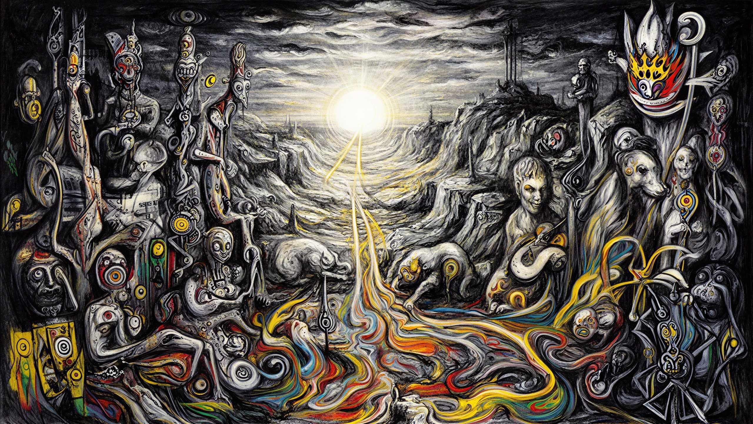 Abstract Pencil Drawing Featuring Surreal Sun and Figures