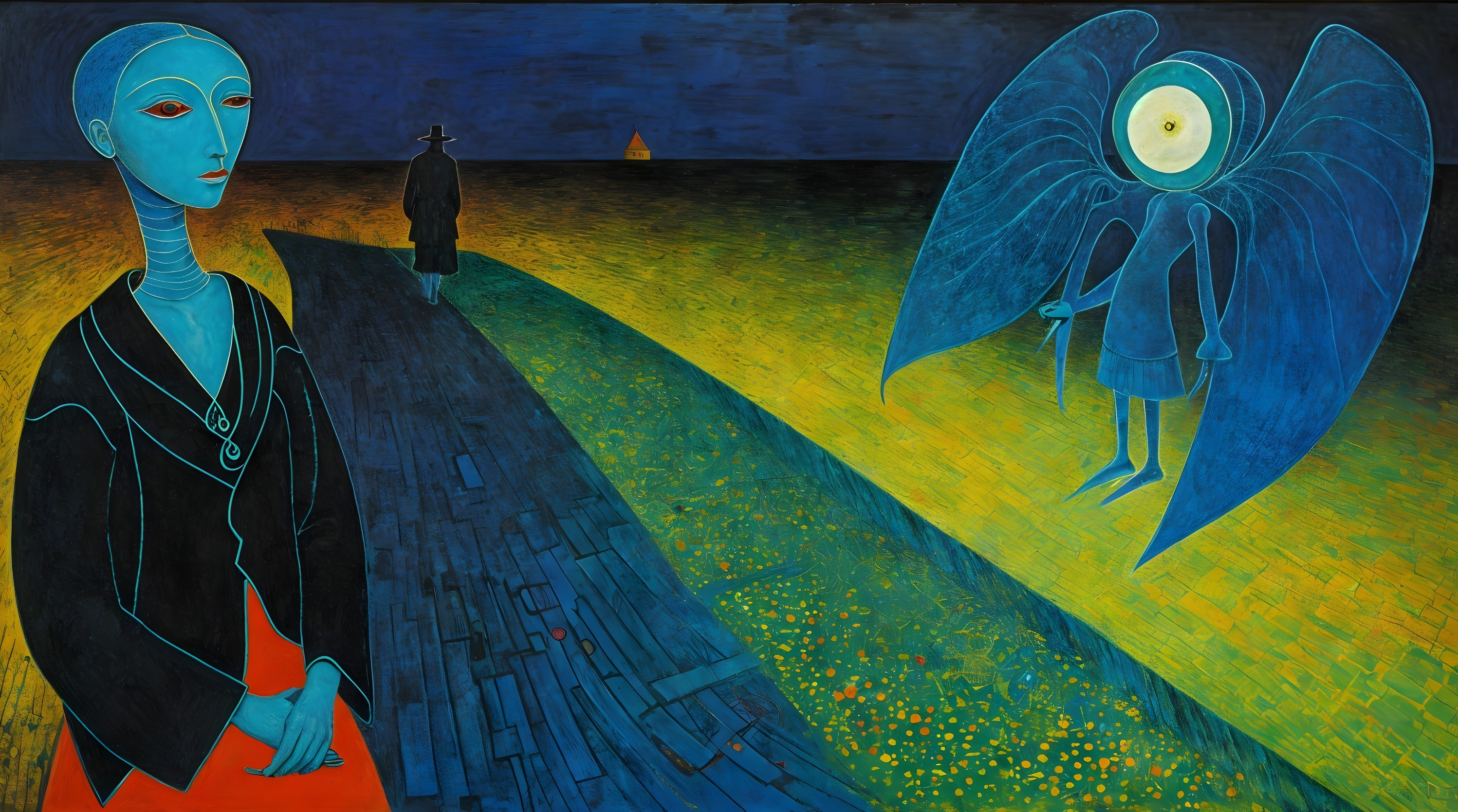Surreal Landscape with Blue Figure and Ethereal Beings