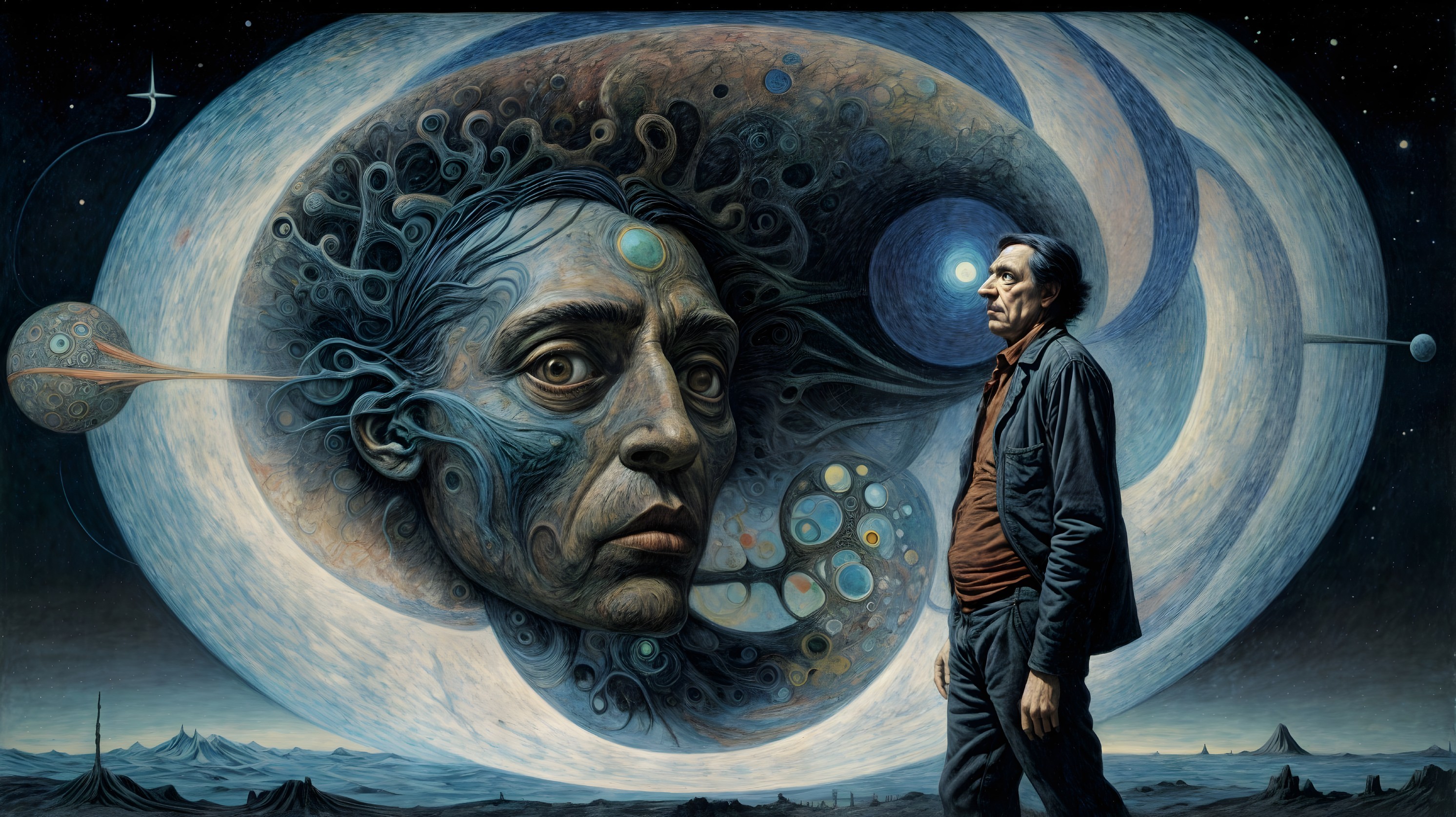 Surreal Landscape with Cosmic Face and Contemplative Figure