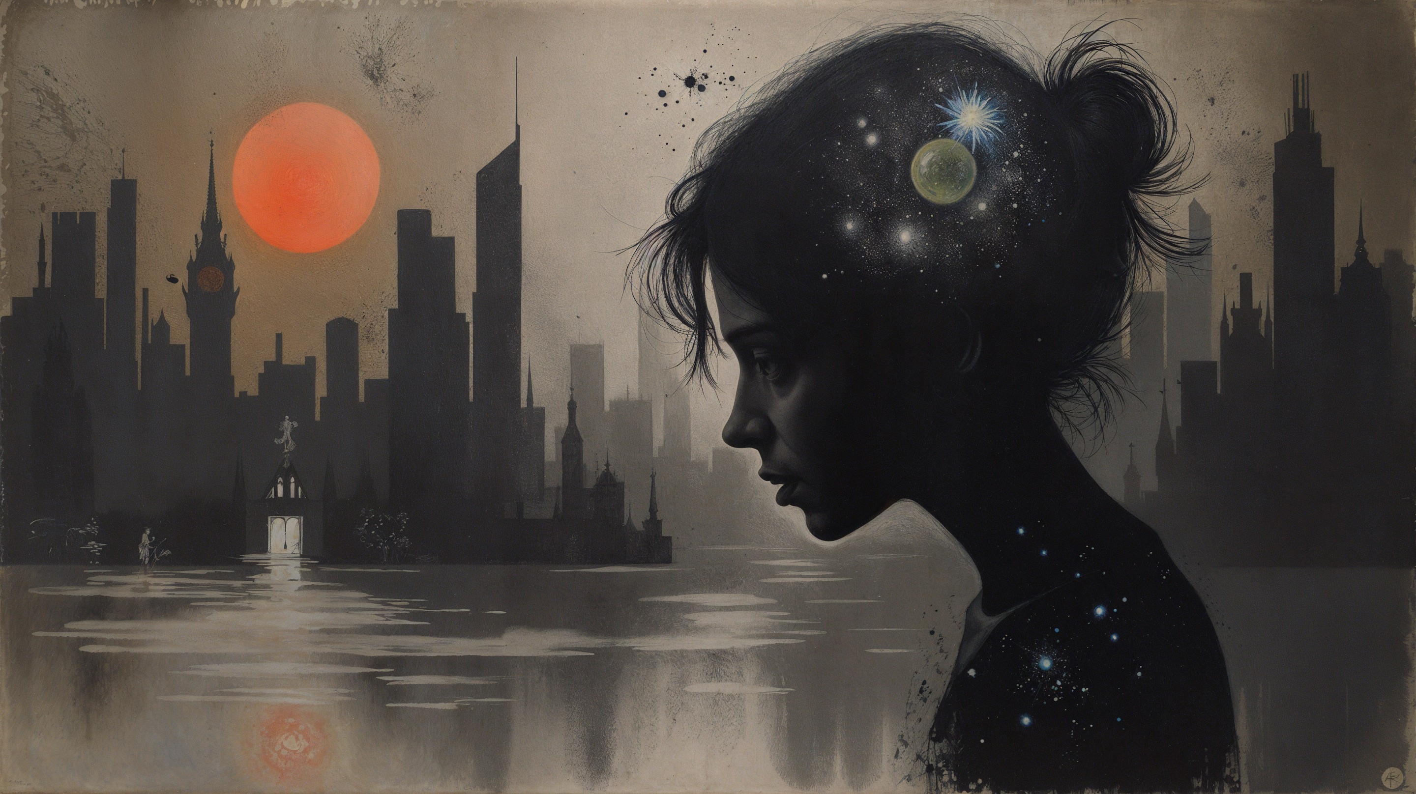 Silhouette of a Woman Against City Skyline at Dusk
