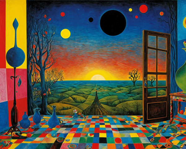Surreal Interior Scene with Vivid Colors and Shapes