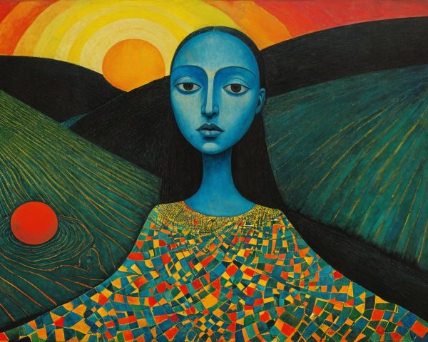 Stylized Woman with Blue Face in Vibrant Landscape