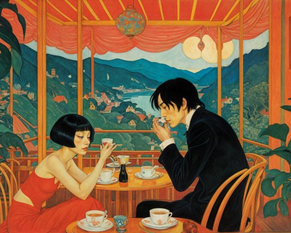 Couple Enjoys Tea in Cozy Café with Scenic View